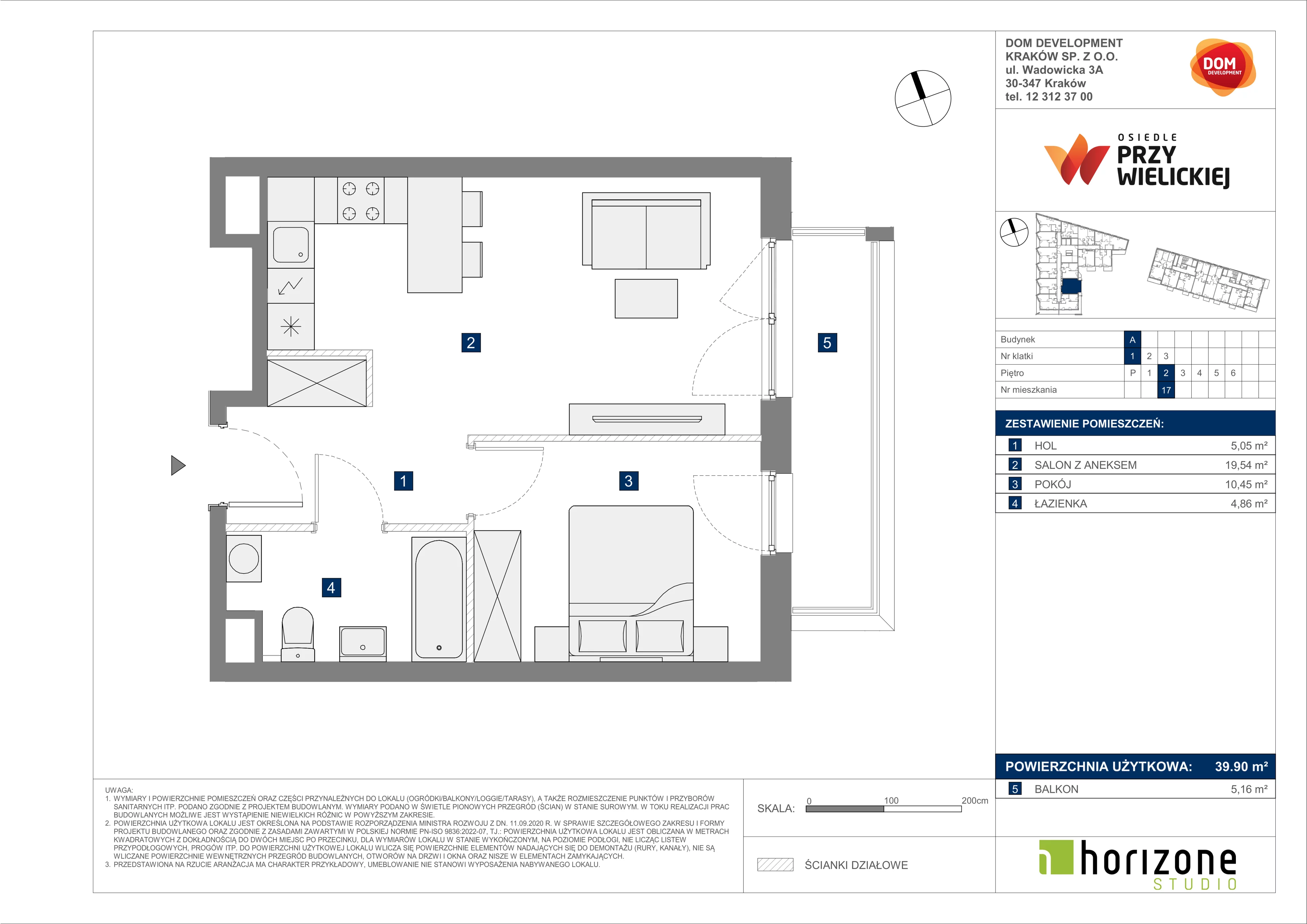 2 pokoje, mieszkanie 39,90 m², piętro 2, oferta nr A/17, Osiedle przy Wielickiej, Kraków, Bieżanów-Prokocim, ul. Marii Orwid 1