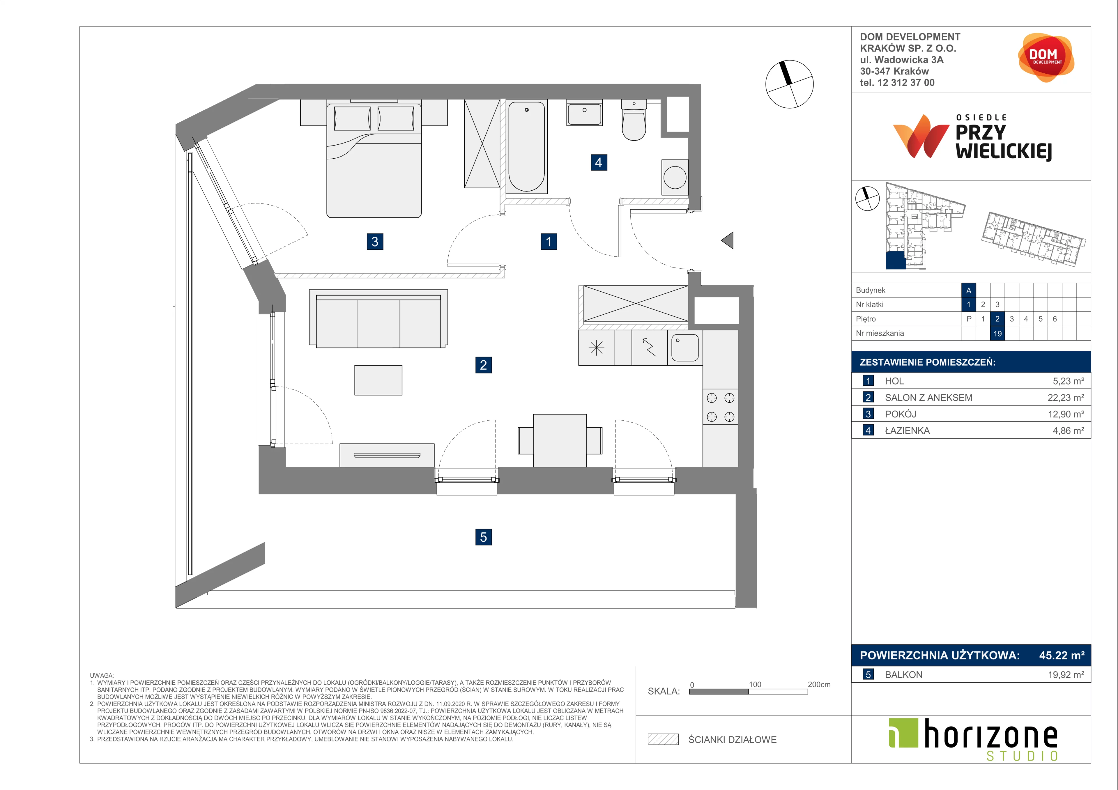 2 pokoje, mieszkanie 45,22 m², piętro 2, oferta nr A/19, Osiedle przy Wielickiej, Kraków, Bieżanów-Prokocim, ul. Marii Orwid 1