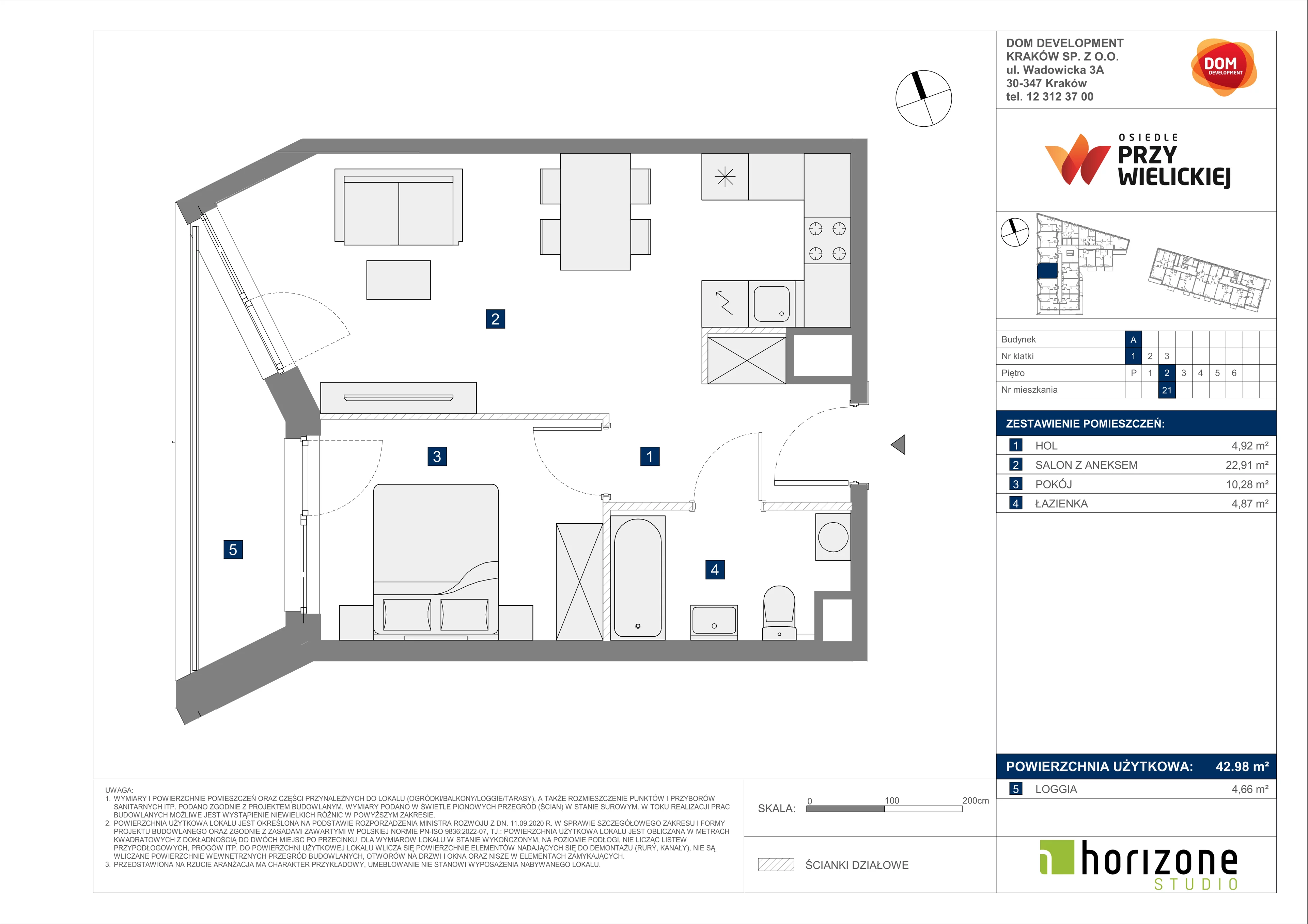 2 pokoje, mieszkanie 42,98 m², piętro 2, oferta nr A/21, Osiedle przy Wielickiej, Kraków, Bieżanów-Prokocim, ul. Marii Orwid 1