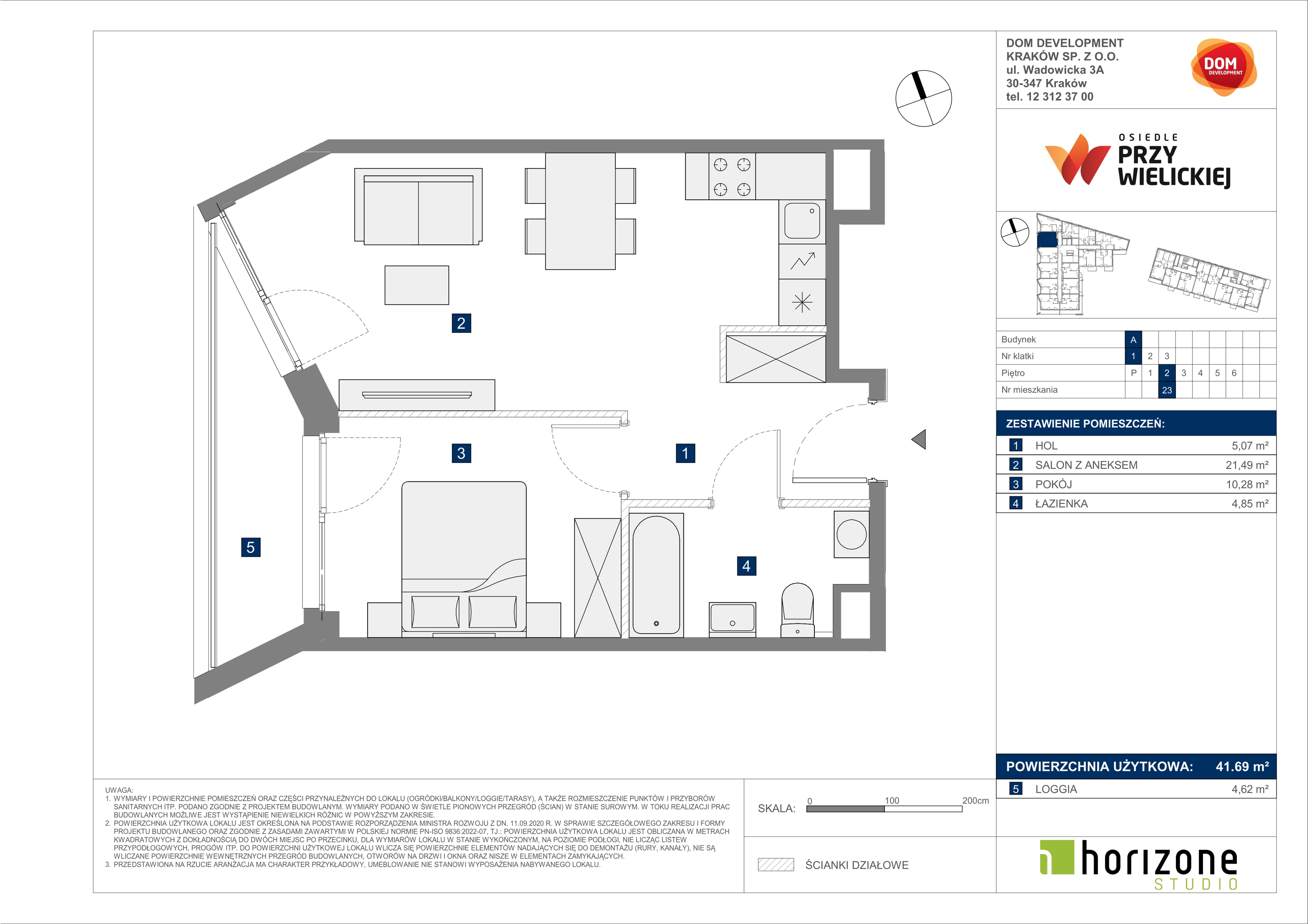 2 pokoje, mieszkanie 41,69 m², piętro 2, oferta nr A/23, Osiedle przy Wielickiej, Kraków, Bieżanów-Prokocim, ul. Marii Orwid 1