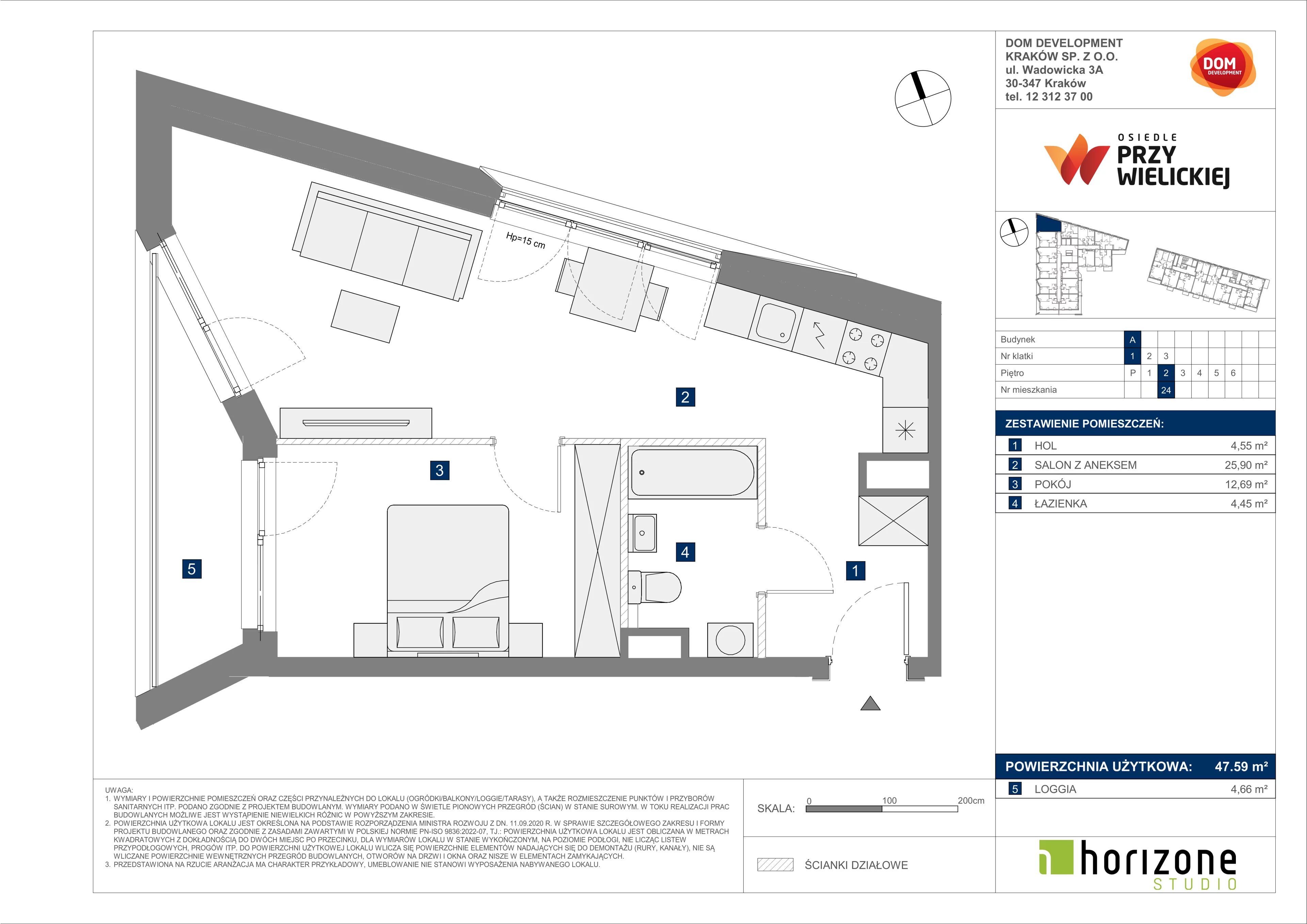 2 pokoje, mieszkanie 47,59 m², piętro 2, oferta nr A/24, Osiedle przy Wielickiej, Kraków, Bieżanów-Prokocim, ul. Marii Orwid 1