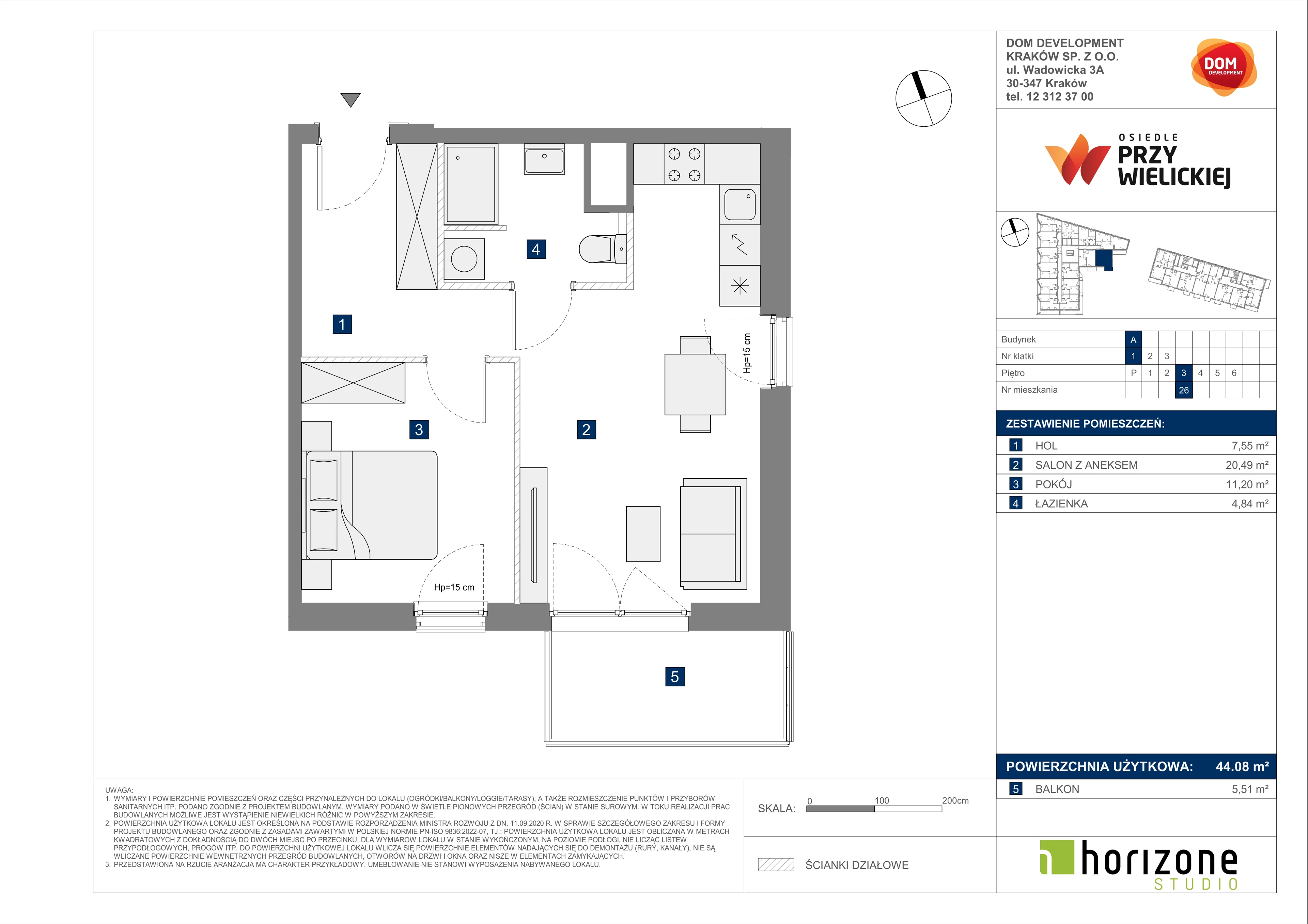 2 pokoje, mieszkanie 44,08 m², piętro 3, oferta nr A/26, Osiedle przy Wielickiej, Kraków, Bieżanów-Prokocim, ul. Marii Orwid 1