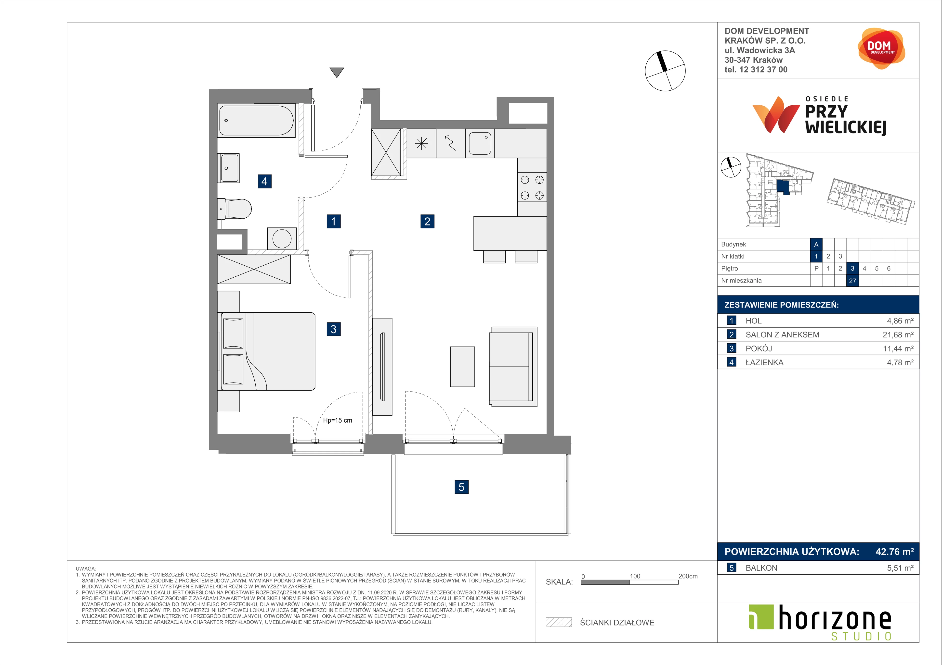 2 pokoje, mieszkanie 42,76 m², piętro 3, oferta nr A/27, Osiedle przy Wielickiej, Kraków, Bieżanów-Prokocim, ul. Marii Orwid 1