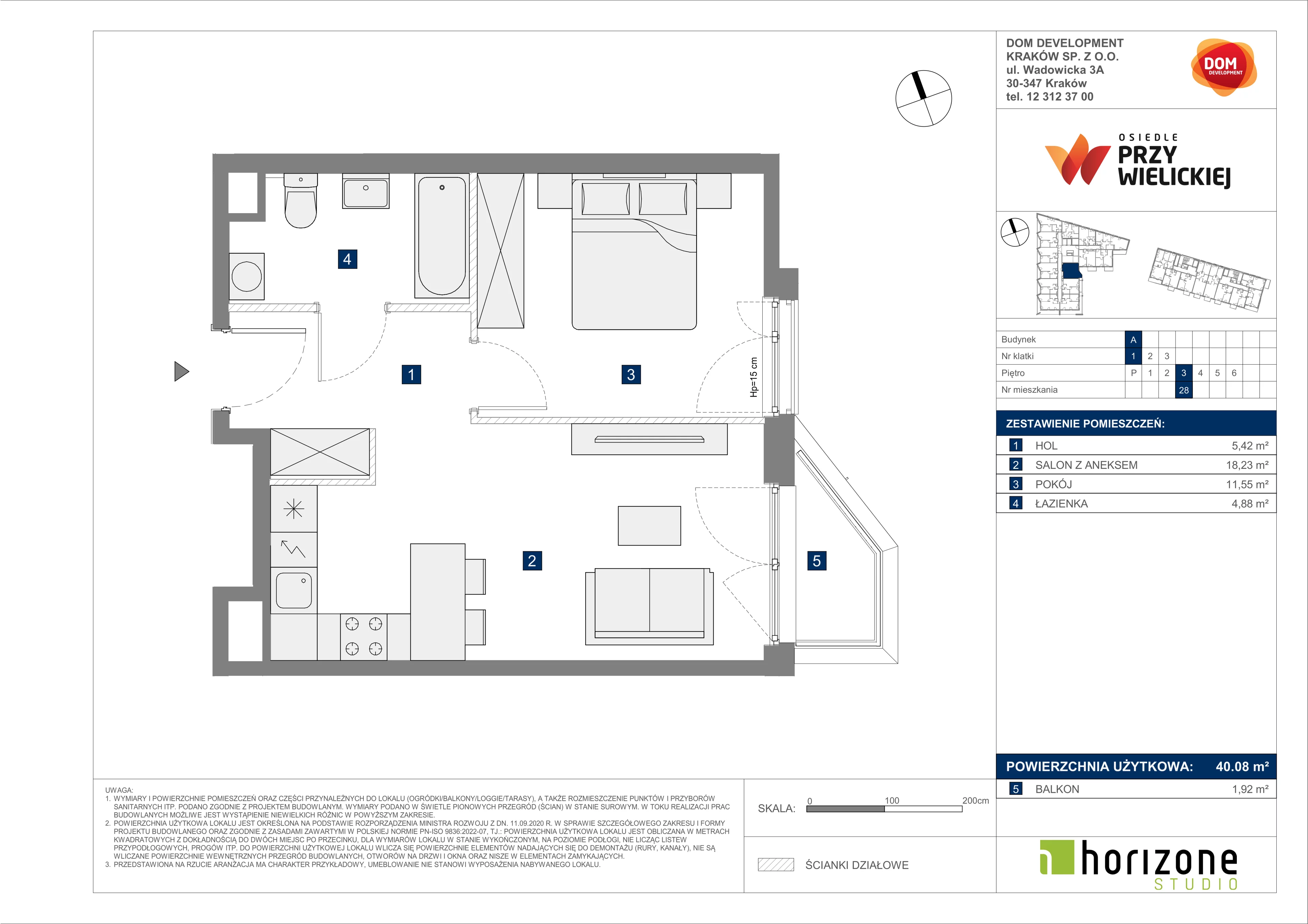 2 pokoje, mieszkanie 40,08 m², piętro 3, oferta nr A/28, Osiedle przy Wielickiej, Kraków, Bieżanów-Prokocim, ul. Marii Orwid 1