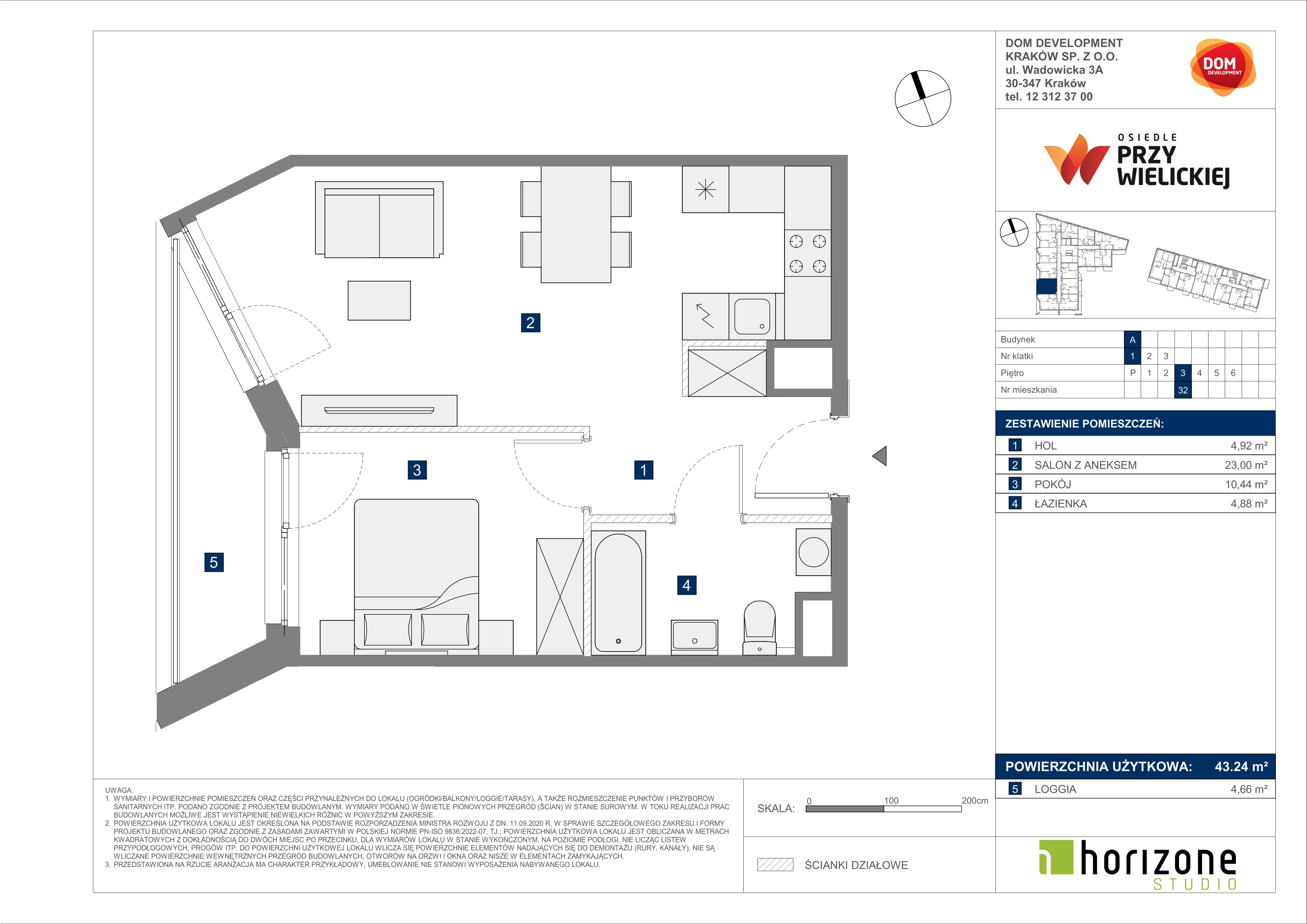 2 pokoje, mieszkanie 43,24 m², piętro 3, oferta nr A/32, Osiedle przy Wielickiej, Kraków, Bieżanów-Prokocim, ul. Marii Orwid 1