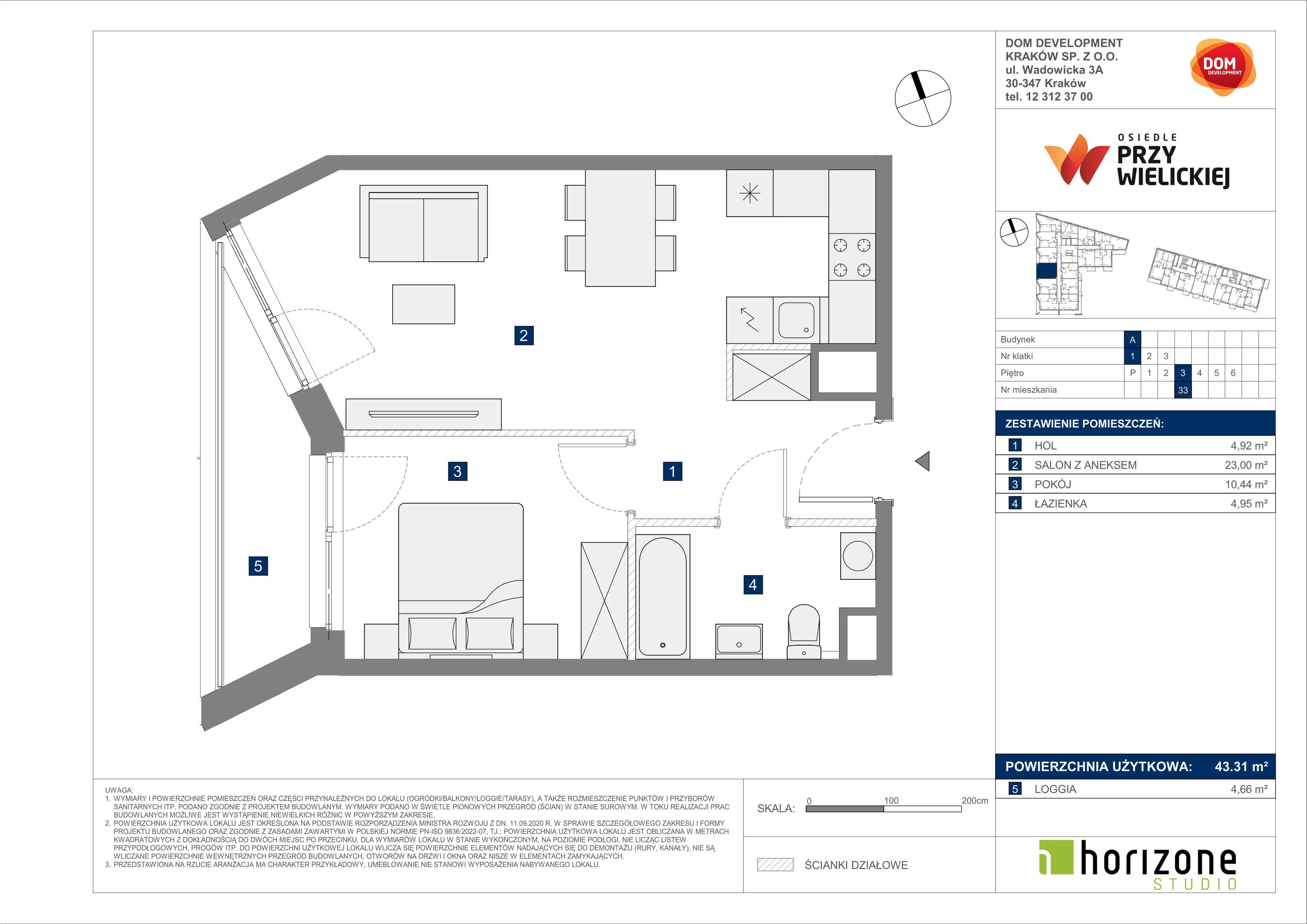 2 pokoje, mieszkanie 43,31 m², piętro 3, oferta nr A/33, Osiedle przy Wielickiej, Kraków, Bieżanów-Prokocim, ul. Marii Orwid 1