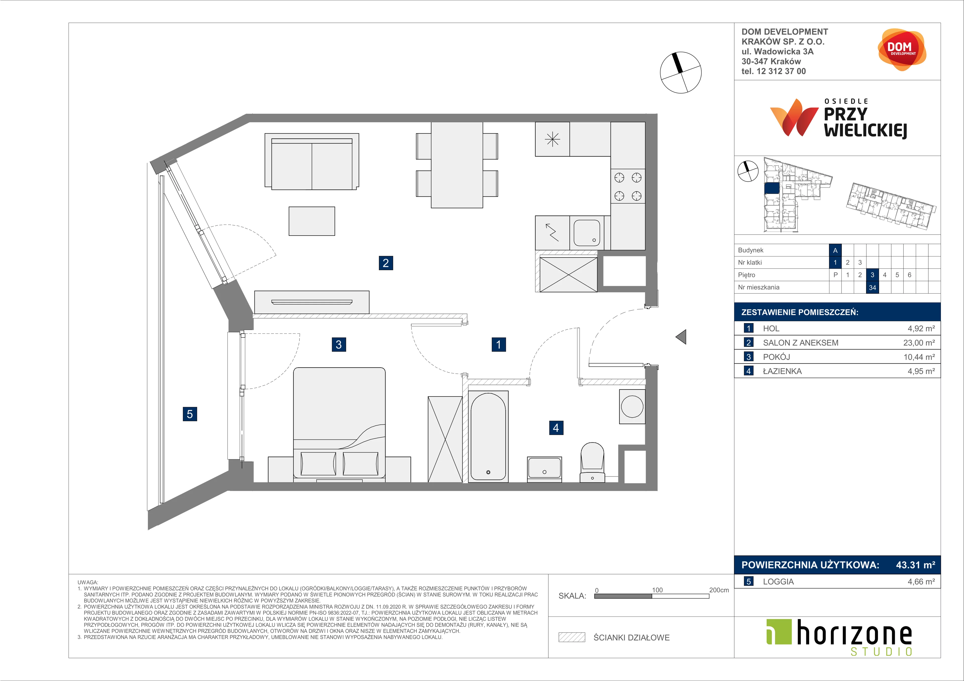 2 pokoje, mieszkanie 43,31 m², piętro 3, oferta nr A/34, Osiedle przy Wielickiej, Kraków, Bieżanów-Prokocim, ul. Marii Orwid 1