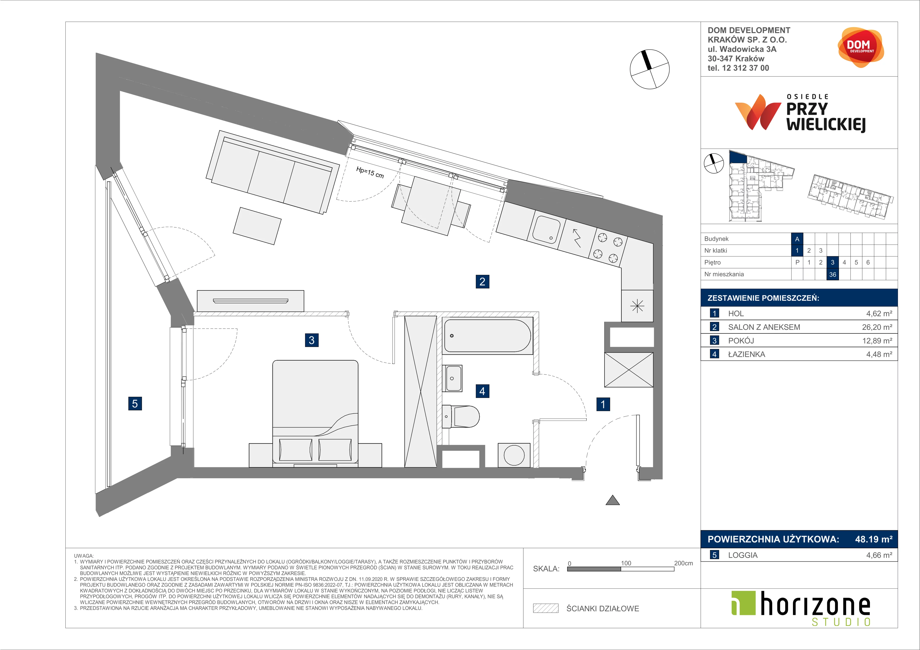 2 pokoje, mieszkanie 48,19 m², piętro 3, oferta nr A/36, Osiedle przy Wielickiej, Kraków, Bieżanów-Prokocim, ul. Marii Orwid 1