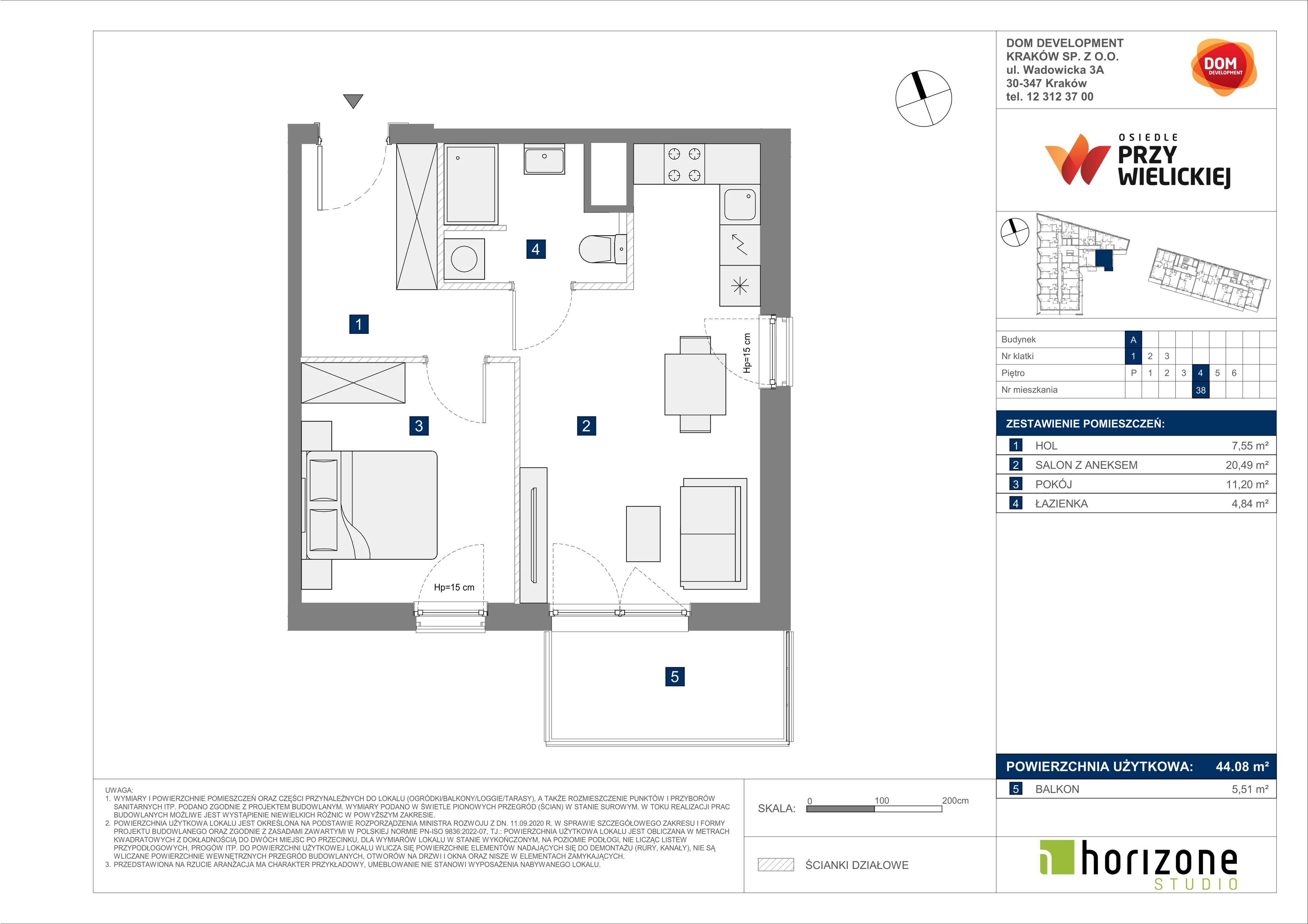 2 pokoje, mieszkanie 44,08 m², piętro 4, oferta nr A/38, Osiedle przy Wielickiej, Kraków, Bieżanów-Prokocim, ul. Marii Orwid 1