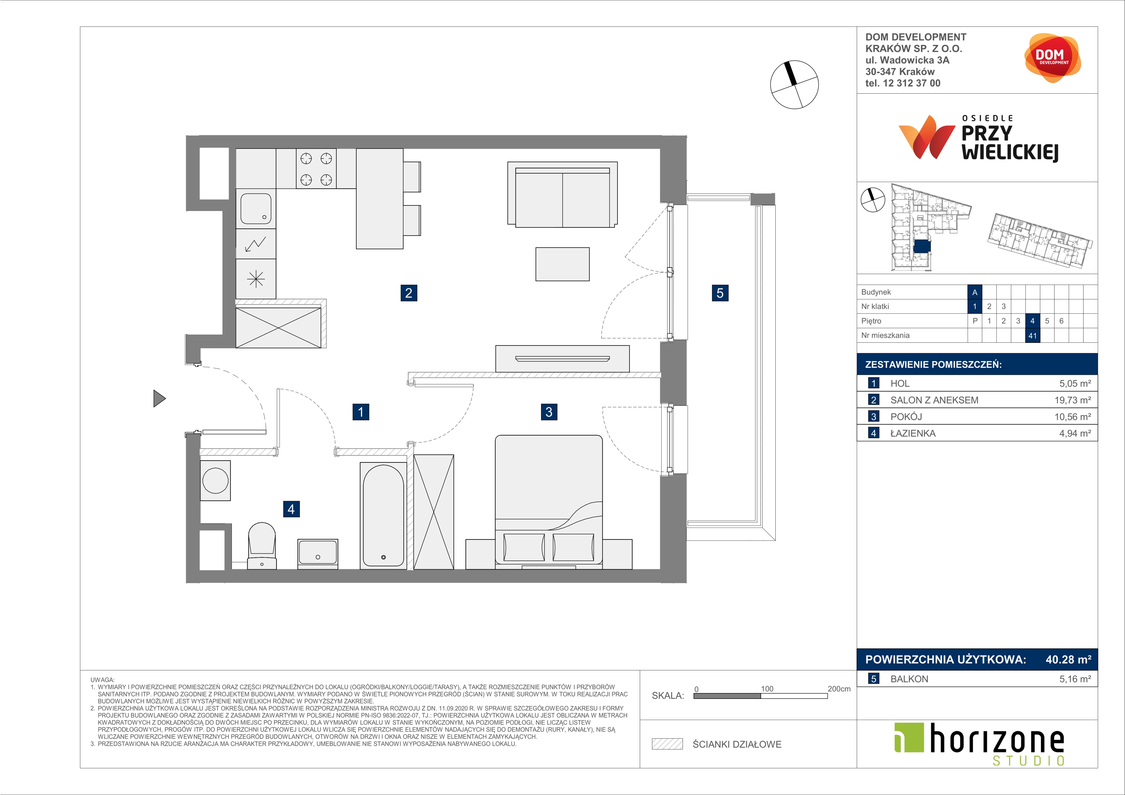 2 pokoje, mieszkanie 40,28 m², piętro 4, oferta nr A/41, Osiedle przy Wielickiej, Kraków, Bieżanów-Prokocim, ul. Marii Orwid 1