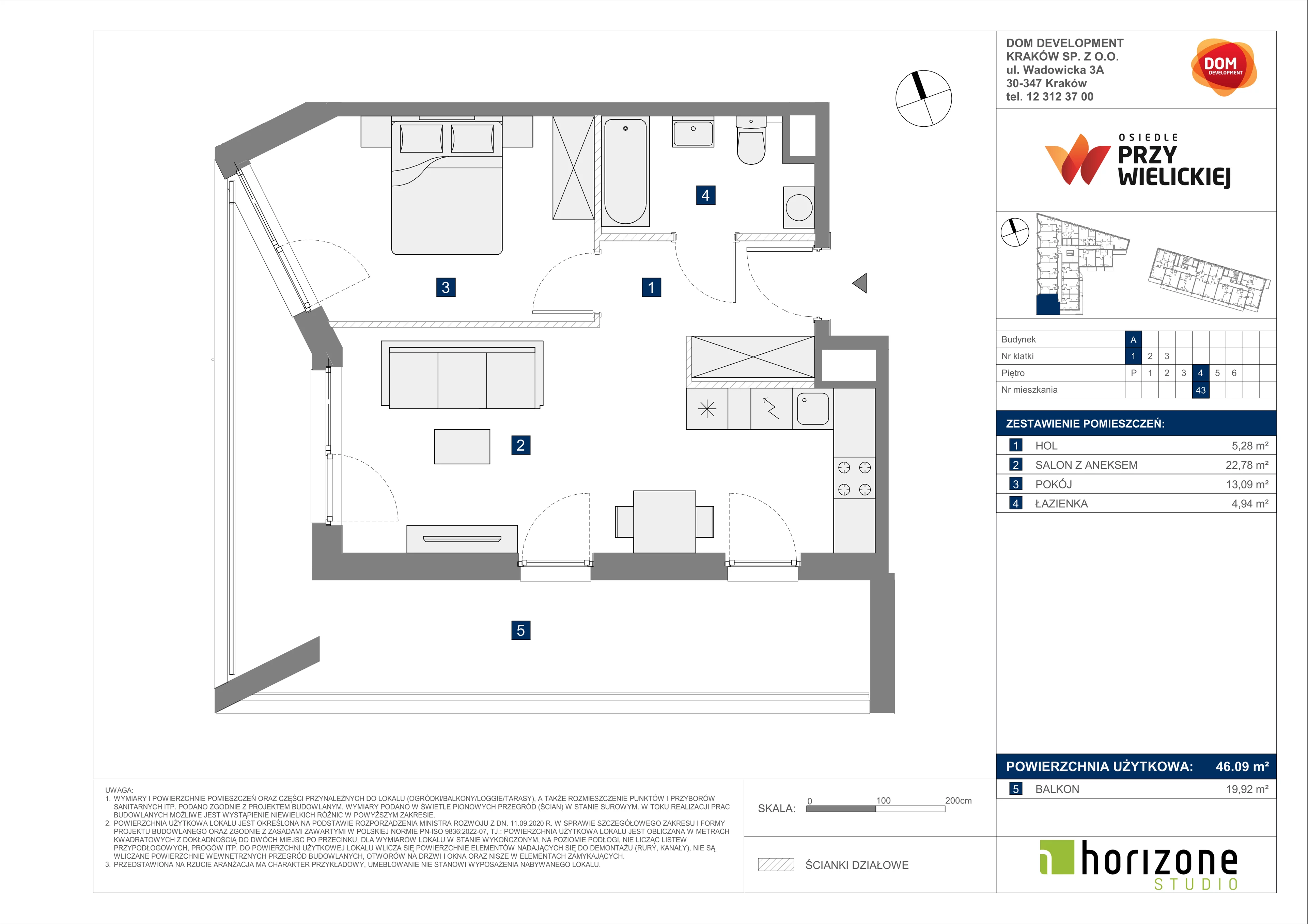 2 pokoje, mieszkanie 46,09 m², piętro 4, oferta nr A/43, Osiedle przy Wielickiej, Kraków, Bieżanów-Prokocim, ul. Marii Orwid 1