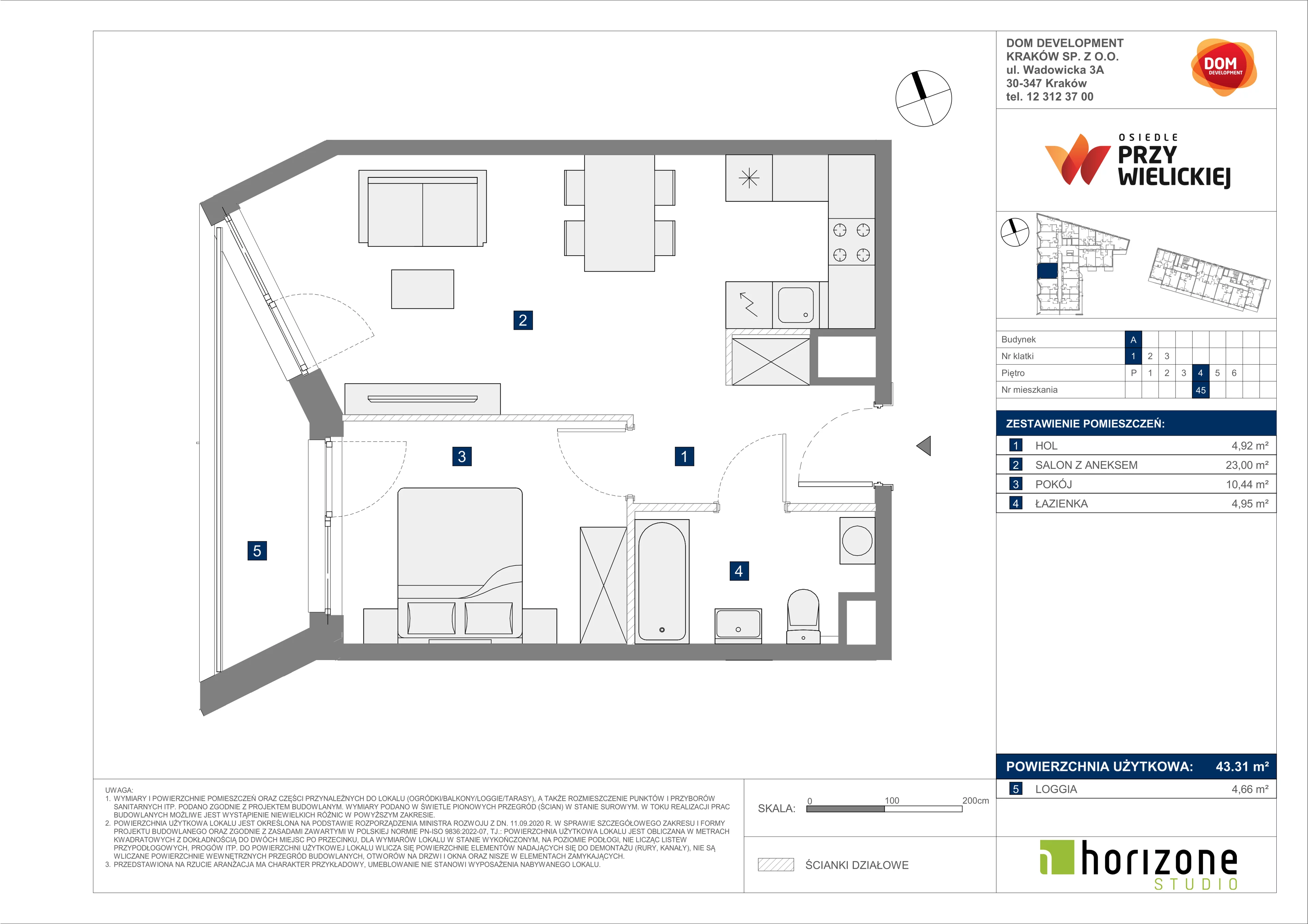 2 pokoje, mieszkanie 43,31 m², piętro 4, oferta nr A/45, Osiedle przy Wielickiej, Kraków, Bieżanów-Prokocim, ul. Marii Orwid 1