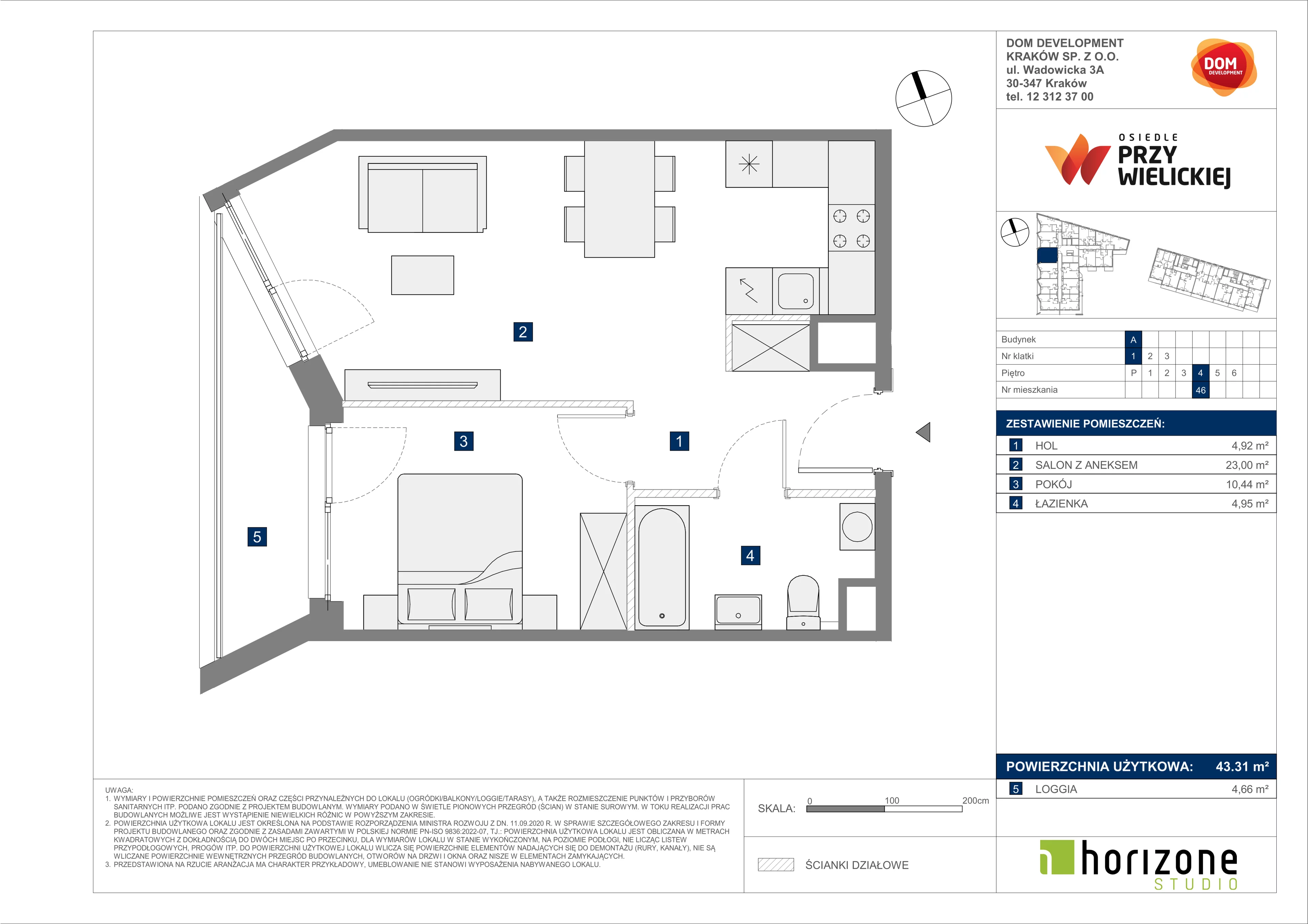 2 pokoje, mieszkanie 43,31 m², piętro 4, oferta nr A/46, Osiedle przy Wielickiej, Kraków, Bieżanów-Prokocim, ul. Marii Orwid 1