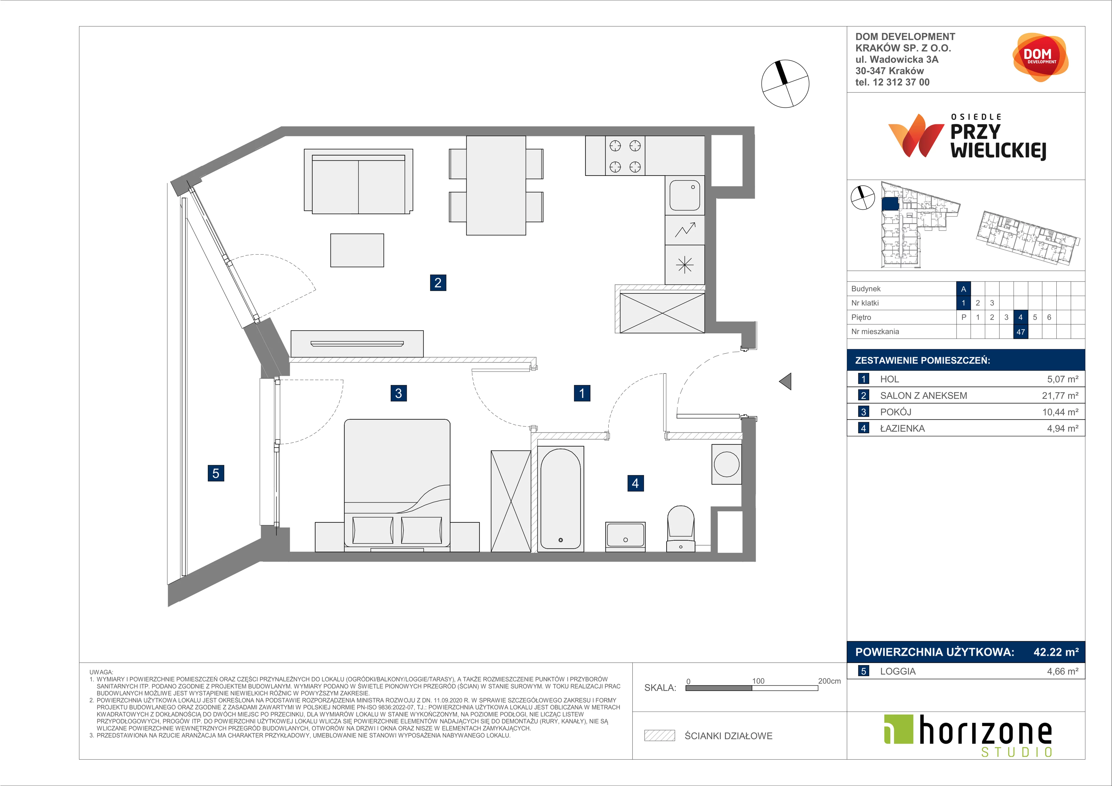 2 pokoje, mieszkanie 42,22 m², piętro 4, oferta nr A/47, Osiedle przy Wielickiej, Kraków, Bieżanów-Prokocim, ul. Marii Orwid 1