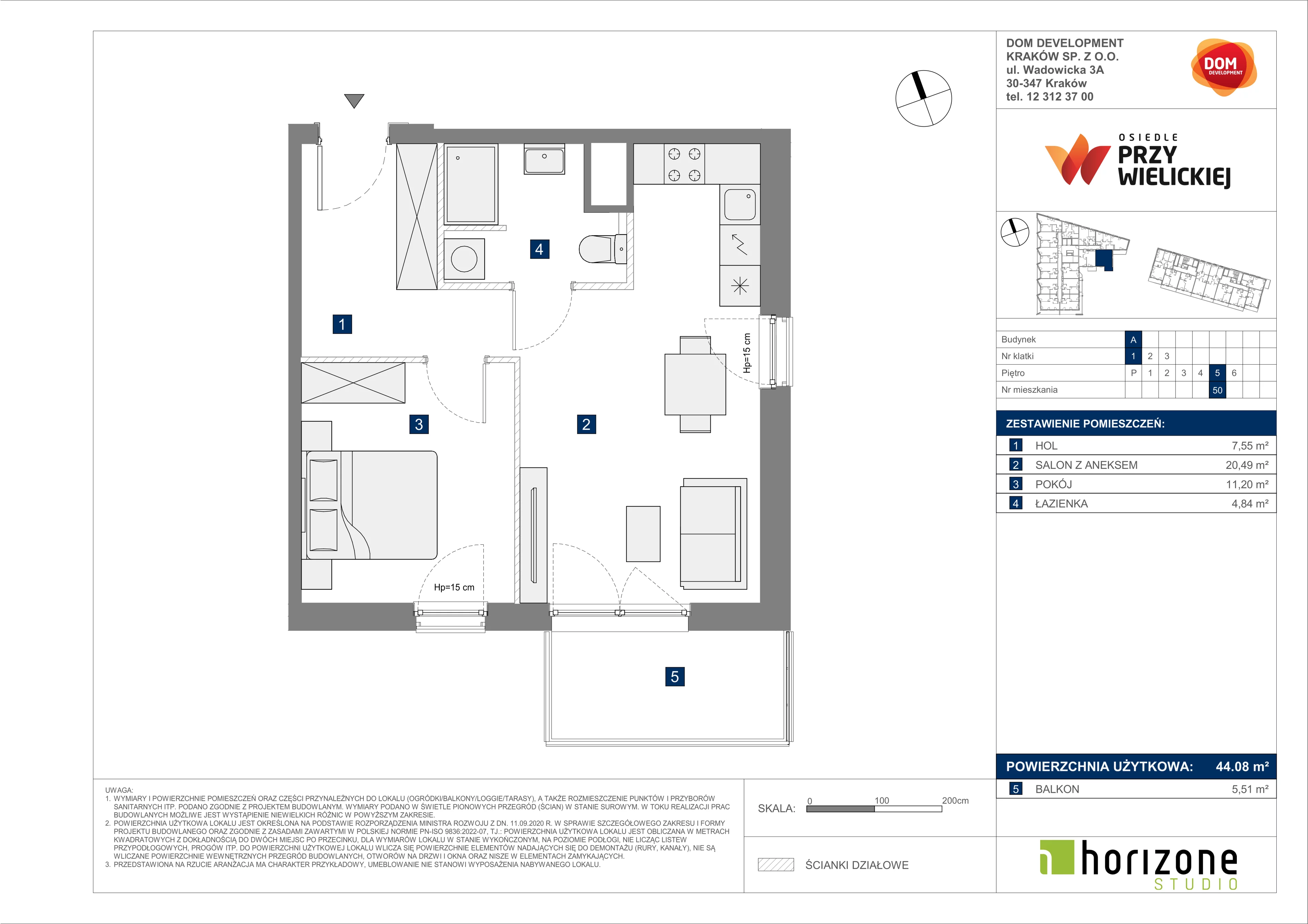 2 pokoje, mieszkanie 44,08 m², piętro 5, oferta nr A/50, Osiedle przy Wielickiej, Kraków, Bieżanów-Prokocim, ul. Marii Orwid 1