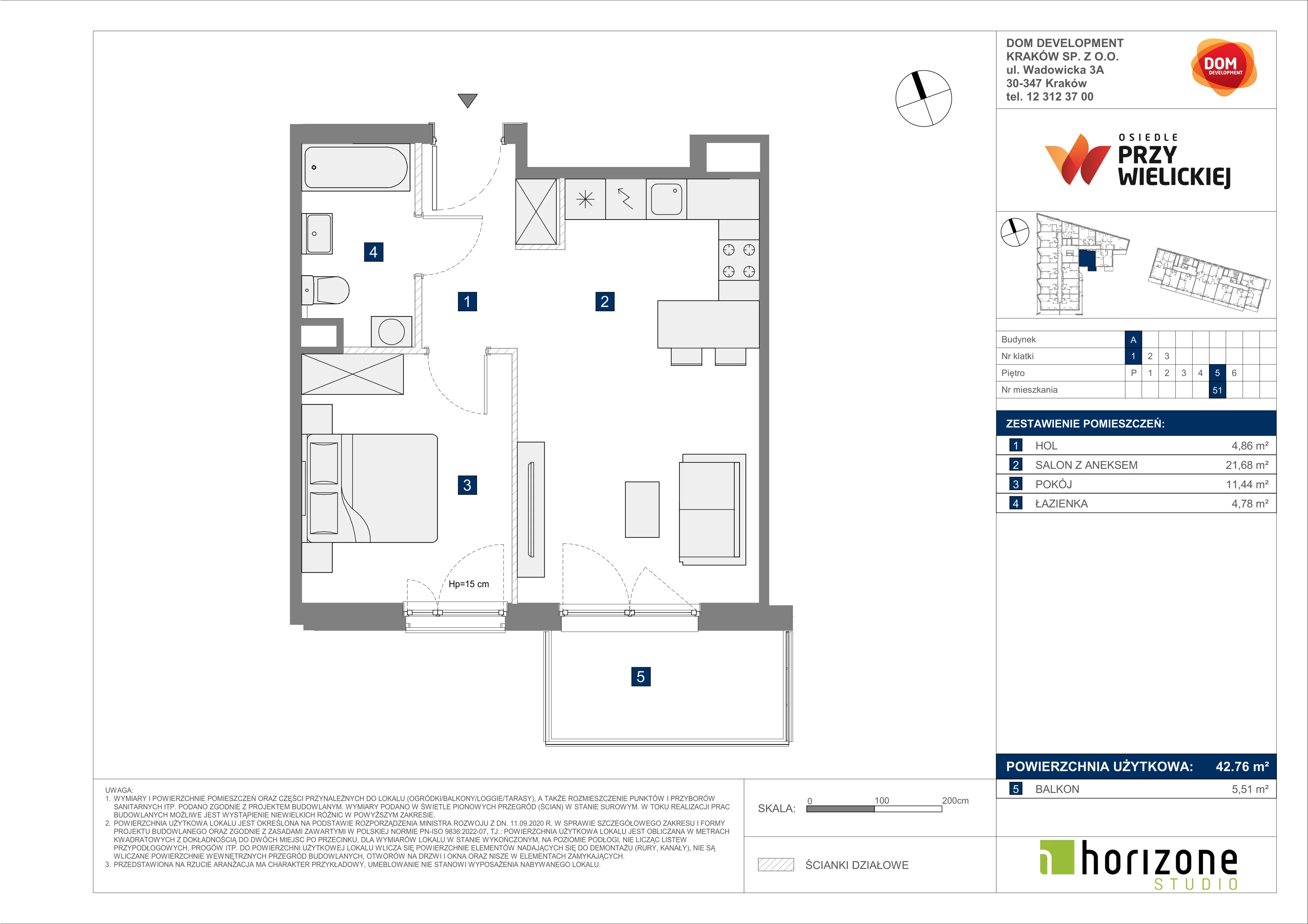 2 pokoje, mieszkanie 42,76 m², piętro 5, oferta nr A/51, Osiedle przy Wielickiej, Kraków, Bieżanów-Prokocim, ul. Marii Orwid 1