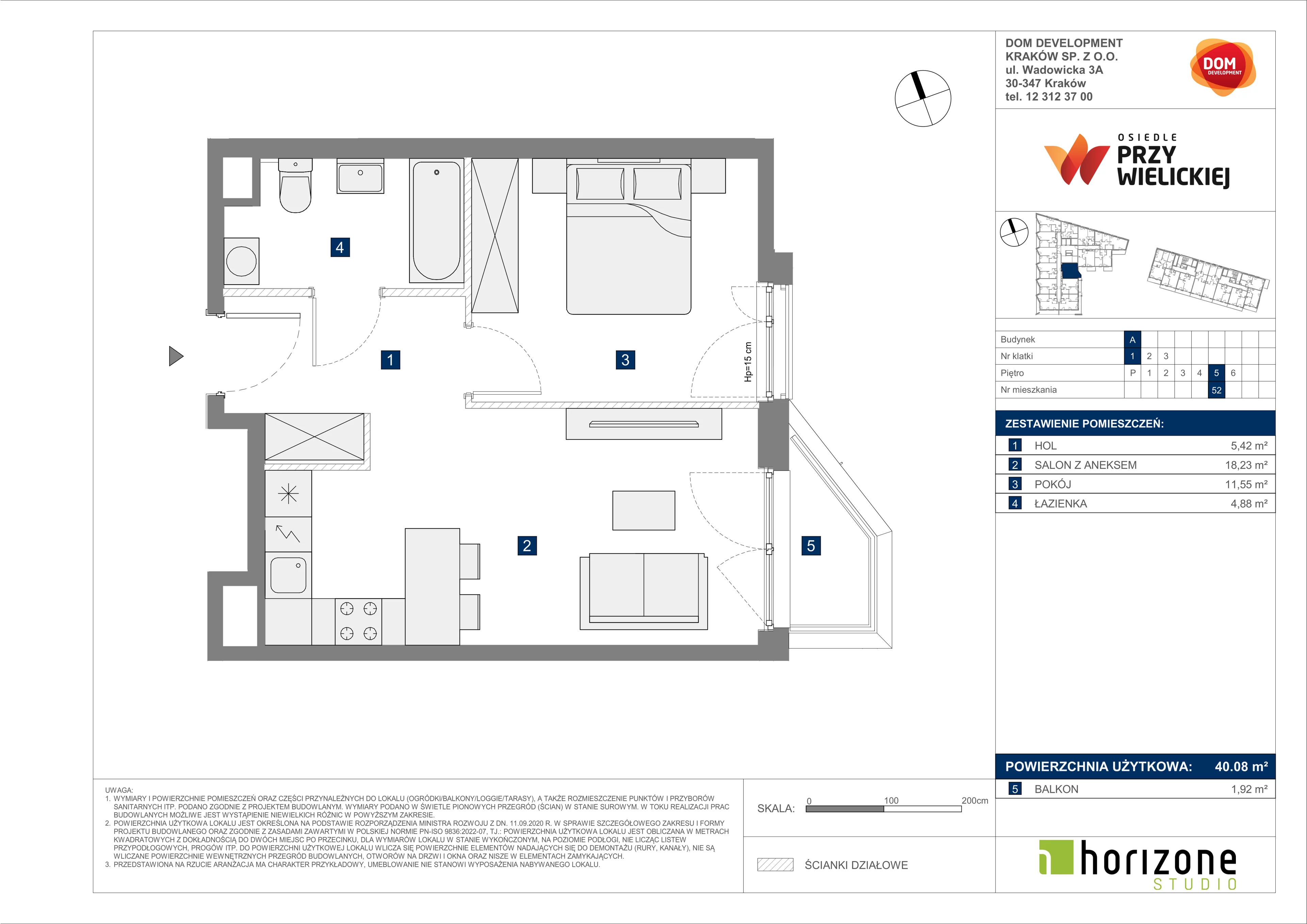 2 pokoje, mieszkanie 40,08 m², piętro 5, oferta nr A/52, Osiedle przy Wielickiej, Kraków, Bieżanów-Prokocim, ul. Marii Orwid 1