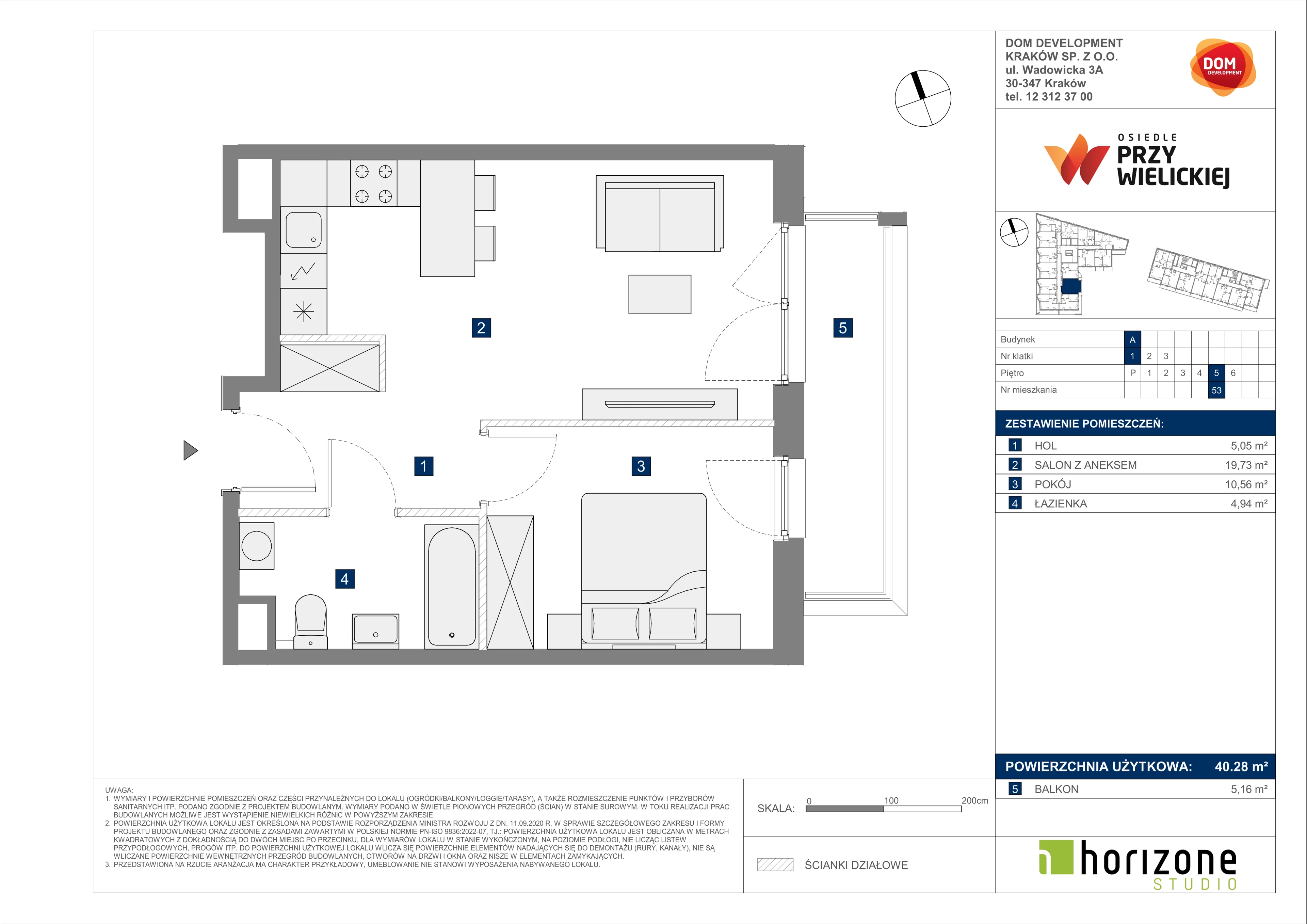 2 pokoje, mieszkanie 40,28 m², piętro 5, oferta nr A/53, Osiedle przy Wielickiej, Kraków, Bieżanów-Prokocim, ul. Marii Orwid 1