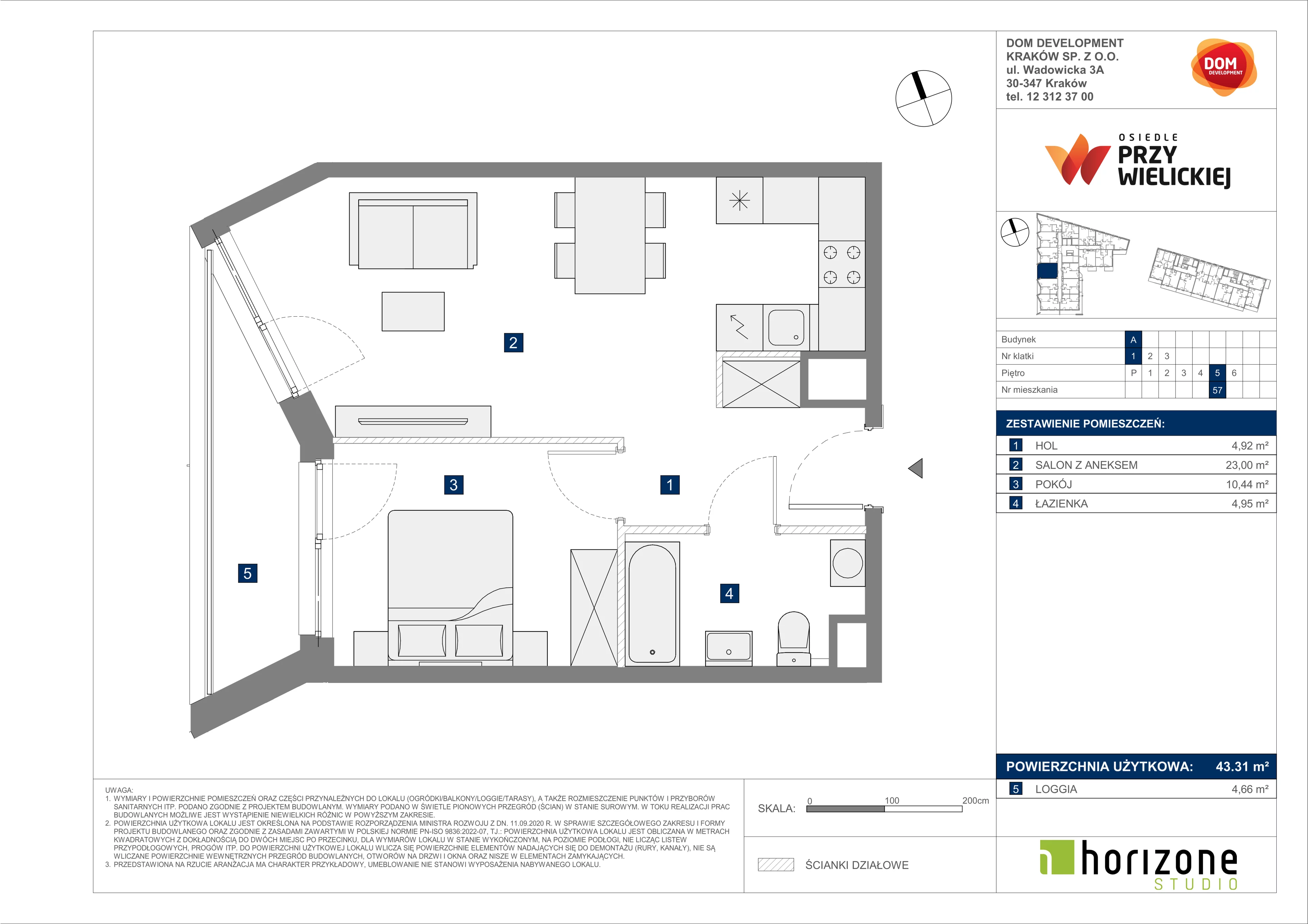 2 pokoje, mieszkanie 43,31 m², piętro 5, oferta nr A/57, Osiedle przy Wielickiej, Kraków, Bieżanów-Prokocim, ul. Marii Orwid 1