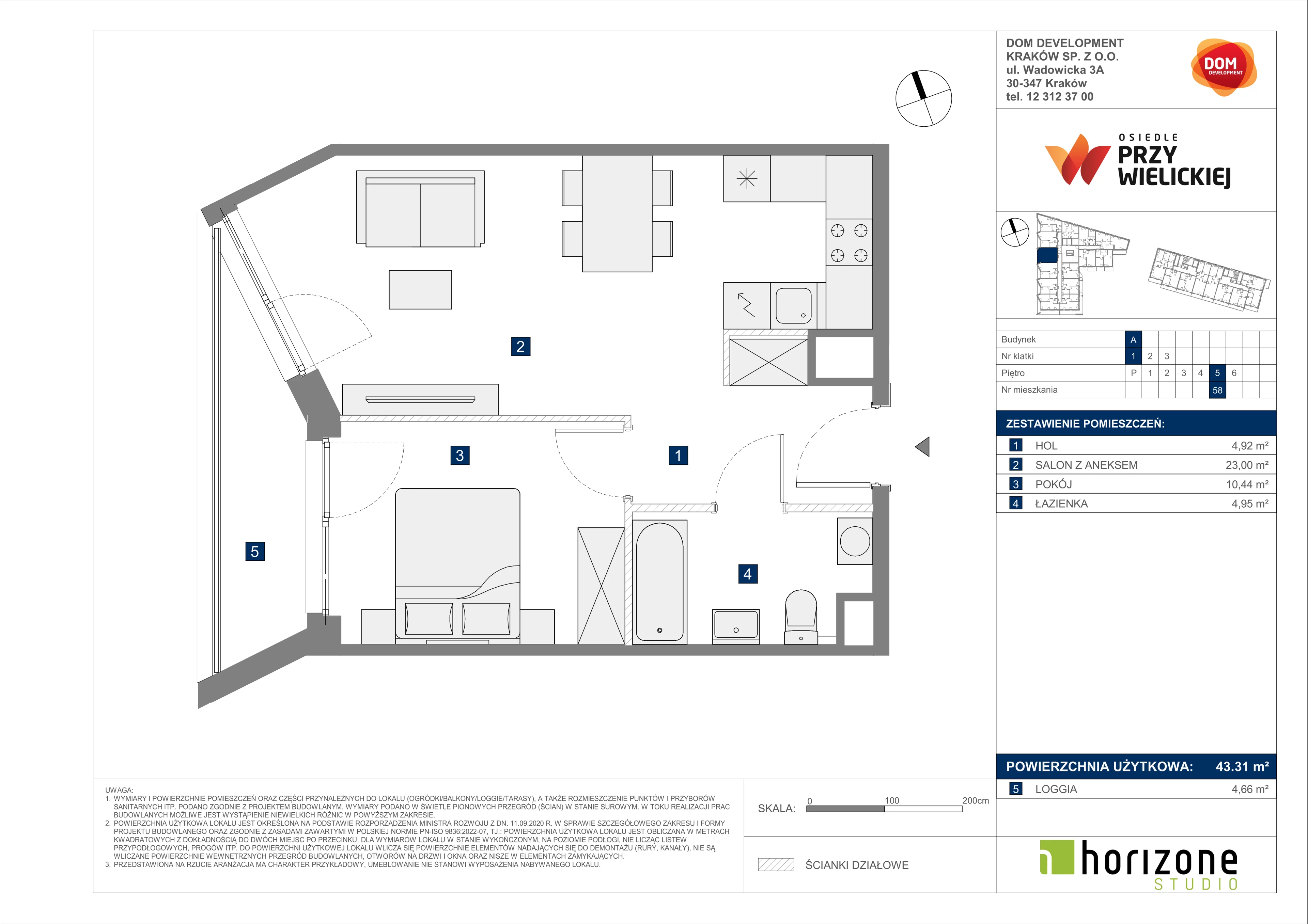 2 pokoje, mieszkanie 43,31 m², piętro 5, oferta nr A/58, Osiedle przy Wielickiej, Kraków, Bieżanów-Prokocim, ul. Marii Orwid 1