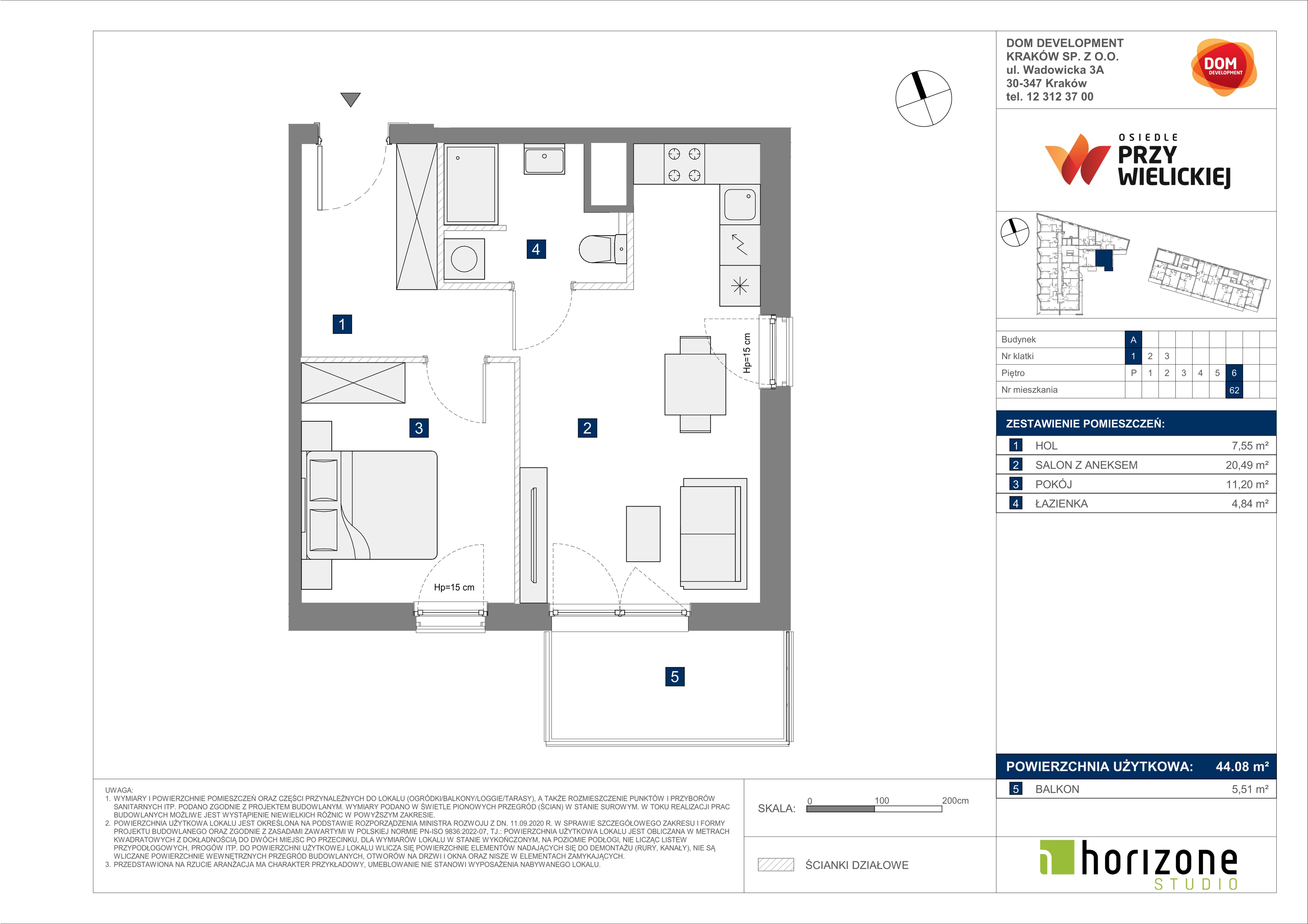 2 pokoje, mieszkanie 44,08 m², piętro 6, oferta nr A/62, Osiedle przy Wielickiej, Kraków, Bieżanów-Prokocim, ul. Marii Orwid 1