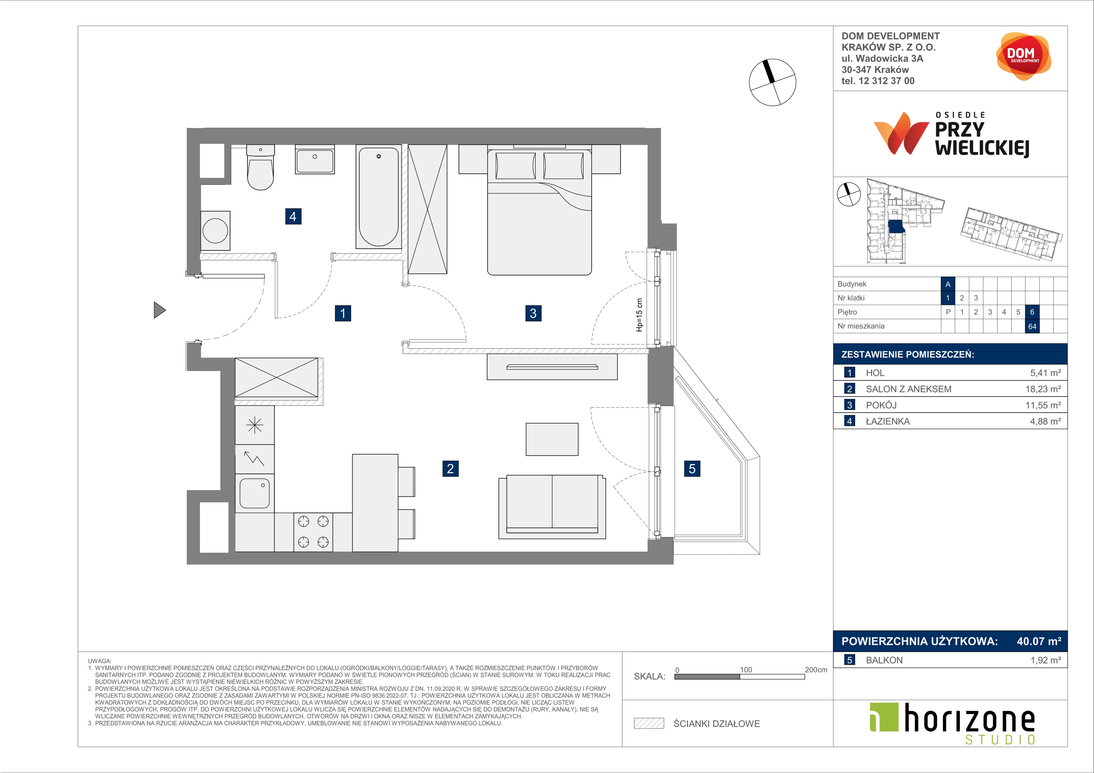 2 pokoje, mieszkanie 40,07 m², piętro 6, oferta nr A/64, Osiedle przy Wielickiej, Kraków, Bieżanów-Prokocim, ul. Marii Orwid 1
