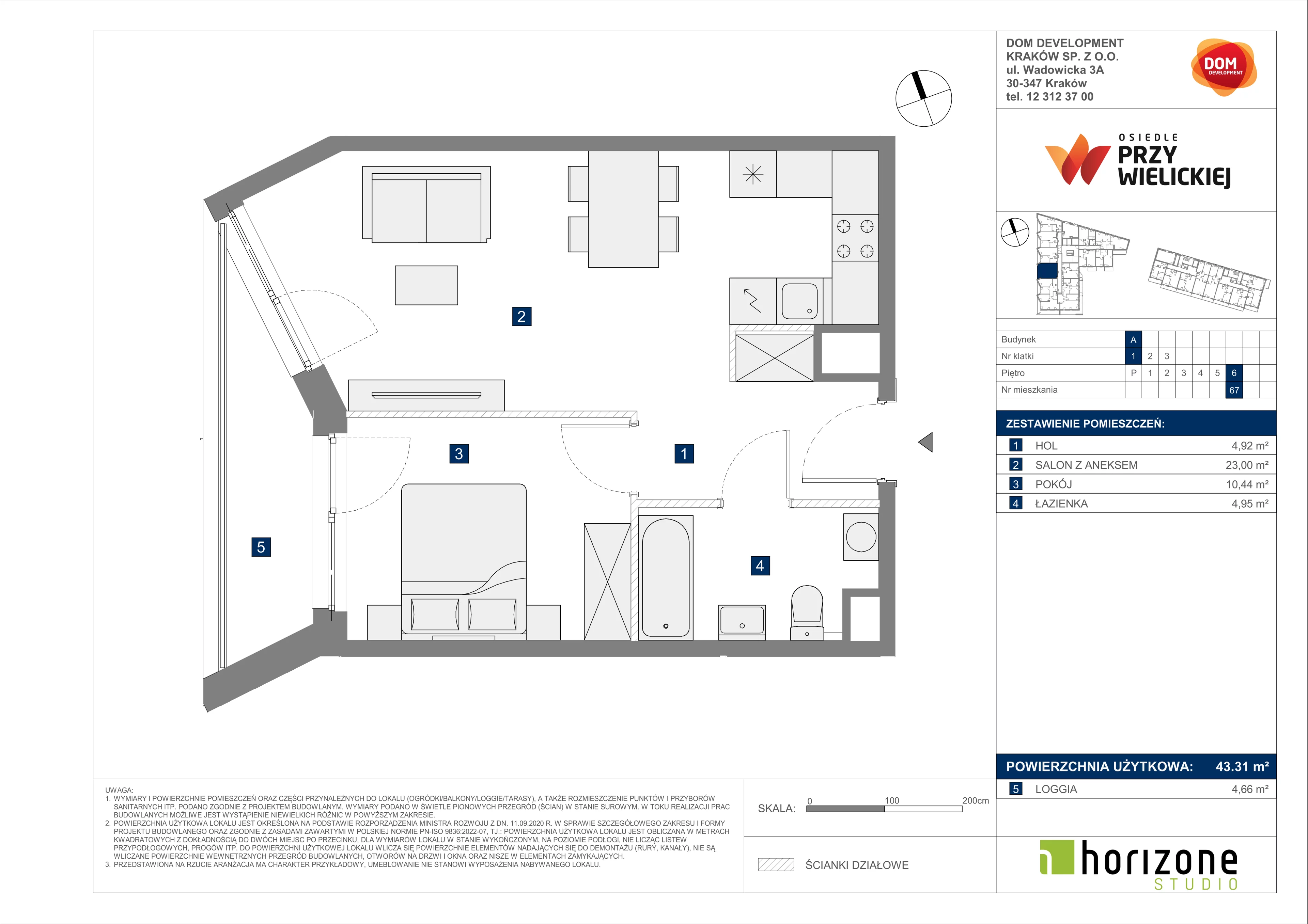 2 pokoje, mieszkanie 43,31 m², piętro 6, oferta nr A/67, Osiedle przy Wielickiej, Kraków, Bieżanów-Prokocim, ul. Marii Orwid 1
