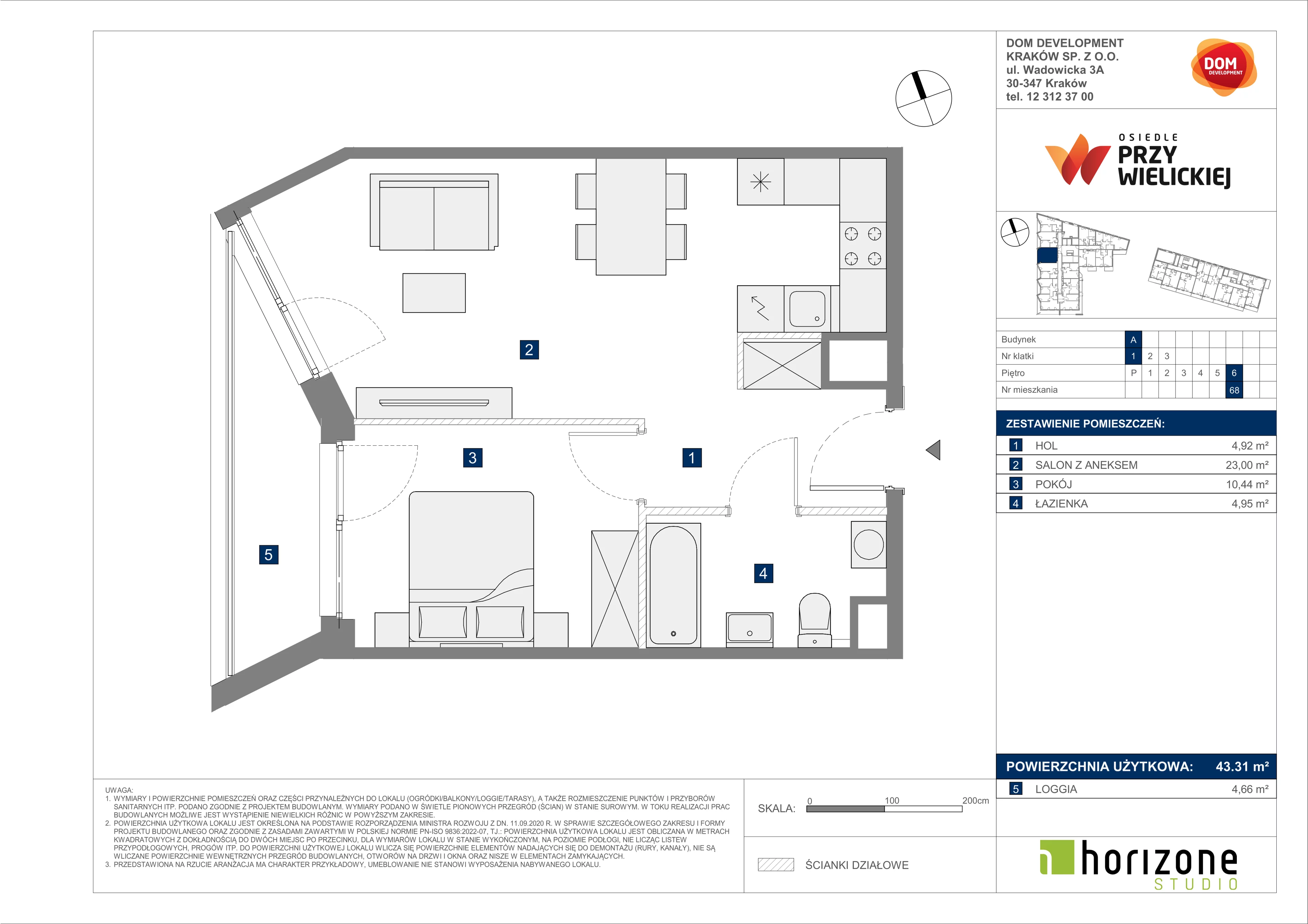 2 pokoje, mieszkanie 43,31 m², piętro 6, oferta nr A/68, Osiedle przy Wielickiej, Kraków, Bieżanów-Prokocim, ul. Marii Orwid 1