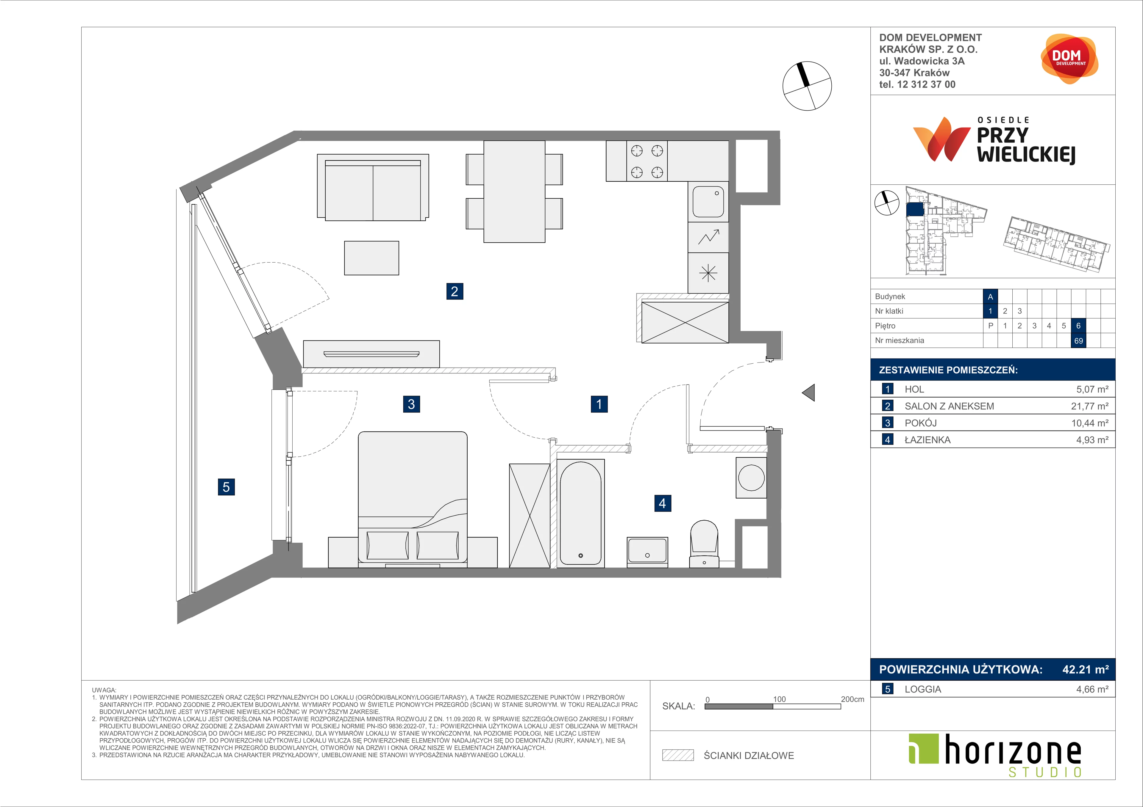 2 pokoje, mieszkanie 42,21 m², piętro 6, oferta nr A/69, Osiedle przy Wielickiej, Kraków, Bieżanów-Prokocim, ul. Marii Orwid 1