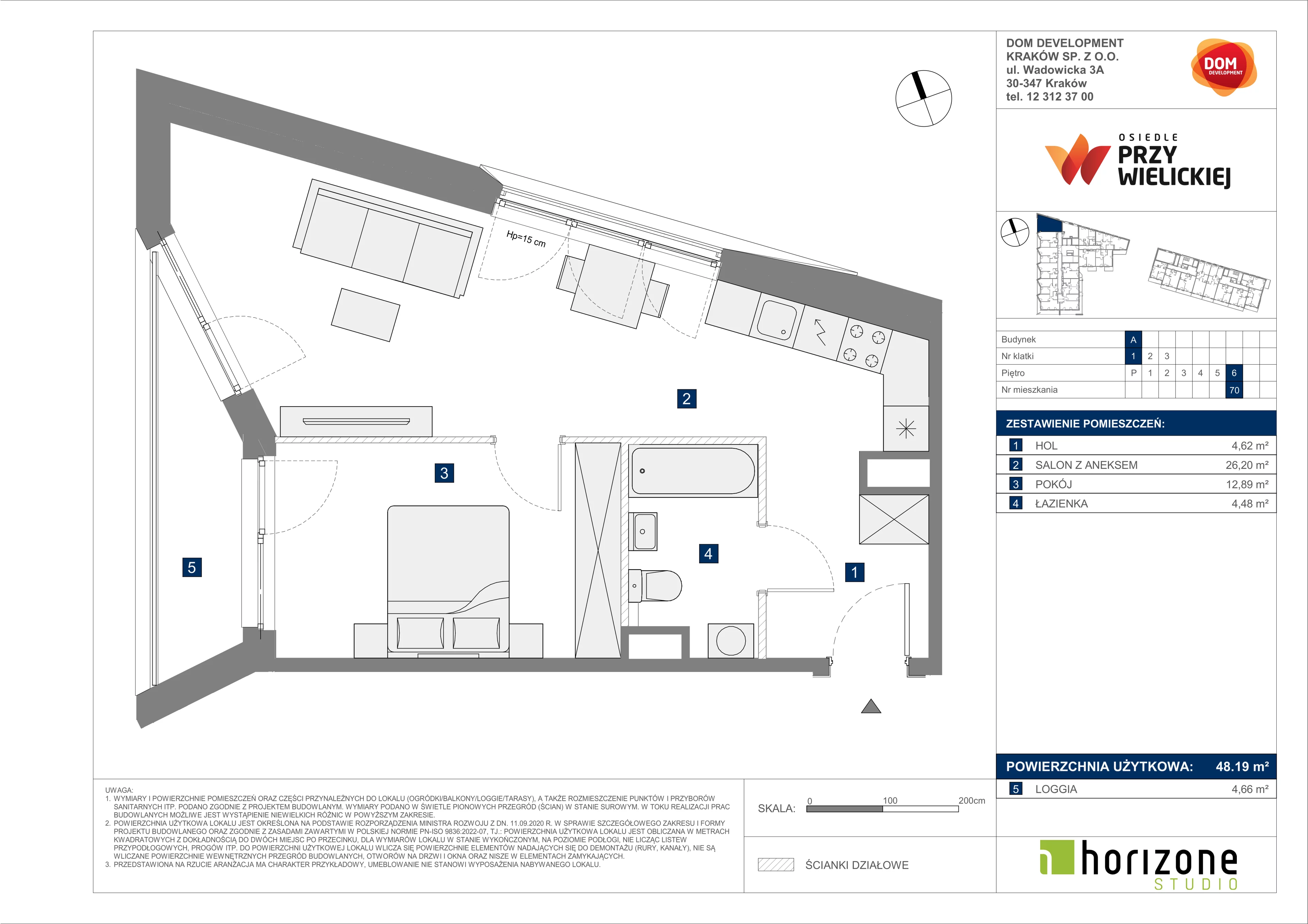 2 pokoje, mieszkanie 48,19 m², piętro 6, oferta nr A/70, Osiedle przy Wielickiej, Kraków, Bieżanów-Prokocim, ul. Marii Orwid 1