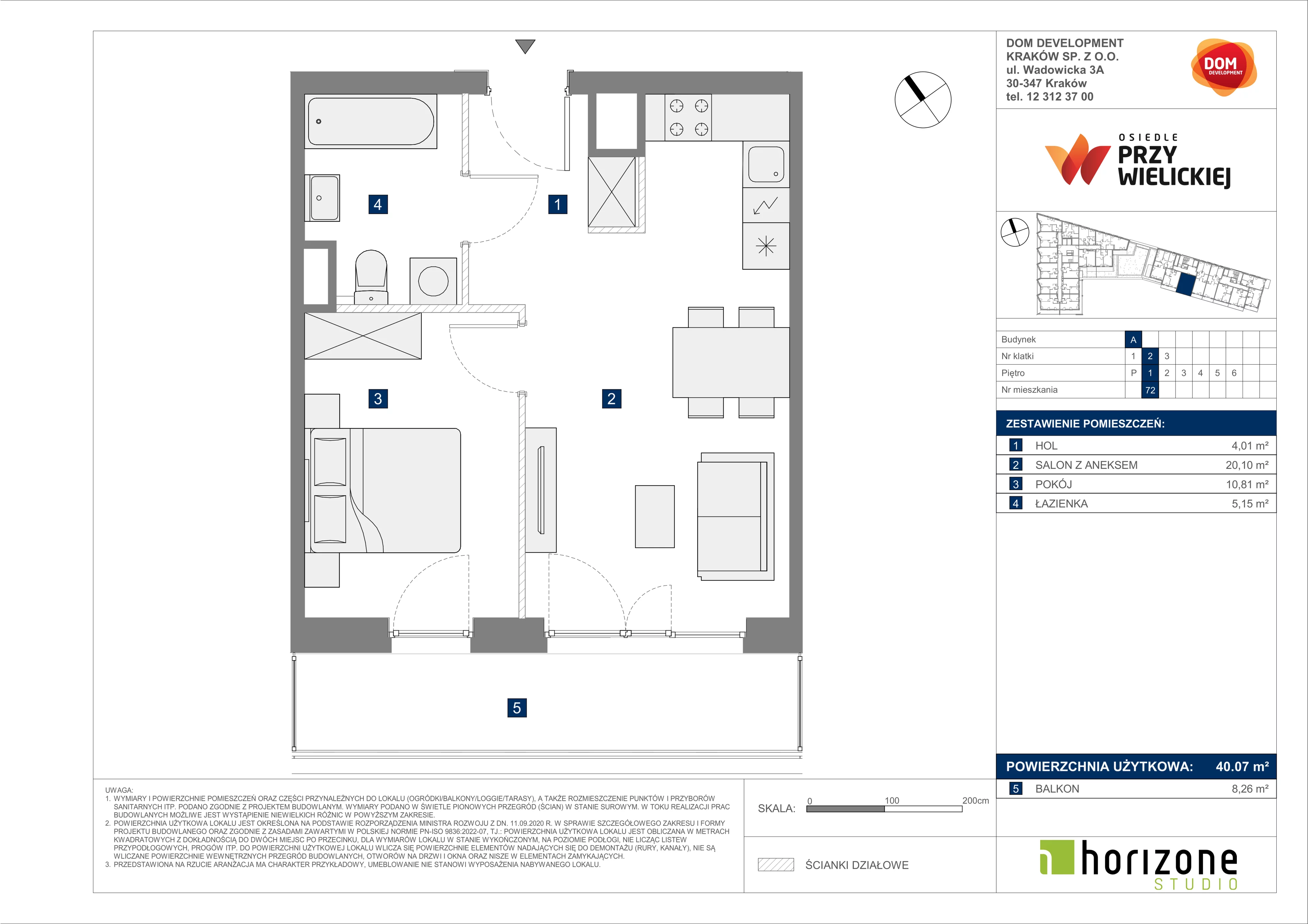2 pokoje, mieszkanie 40,07 m², piętro 1, oferta nr A/72, Osiedle przy Wielickiej, Kraków, Bieżanów-Prokocim, ul. Marii Orwid 1