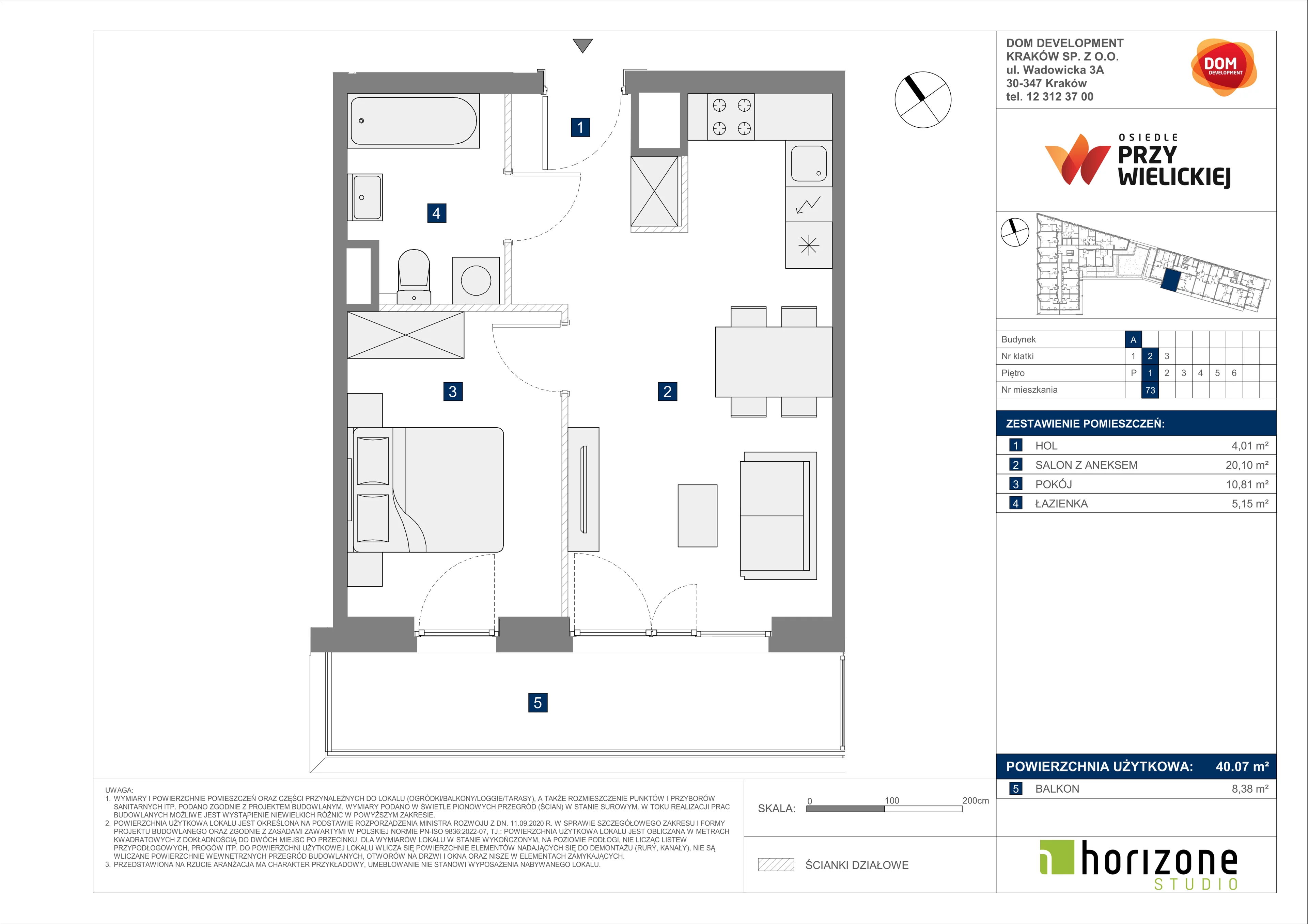 2 pokoje, mieszkanie 40,07 m², piętro 1, oferta nr A/73, Osiedle przy Wielickiej, Kraków, Bieżanów-Prokocim, ul. Marii Orwid 1