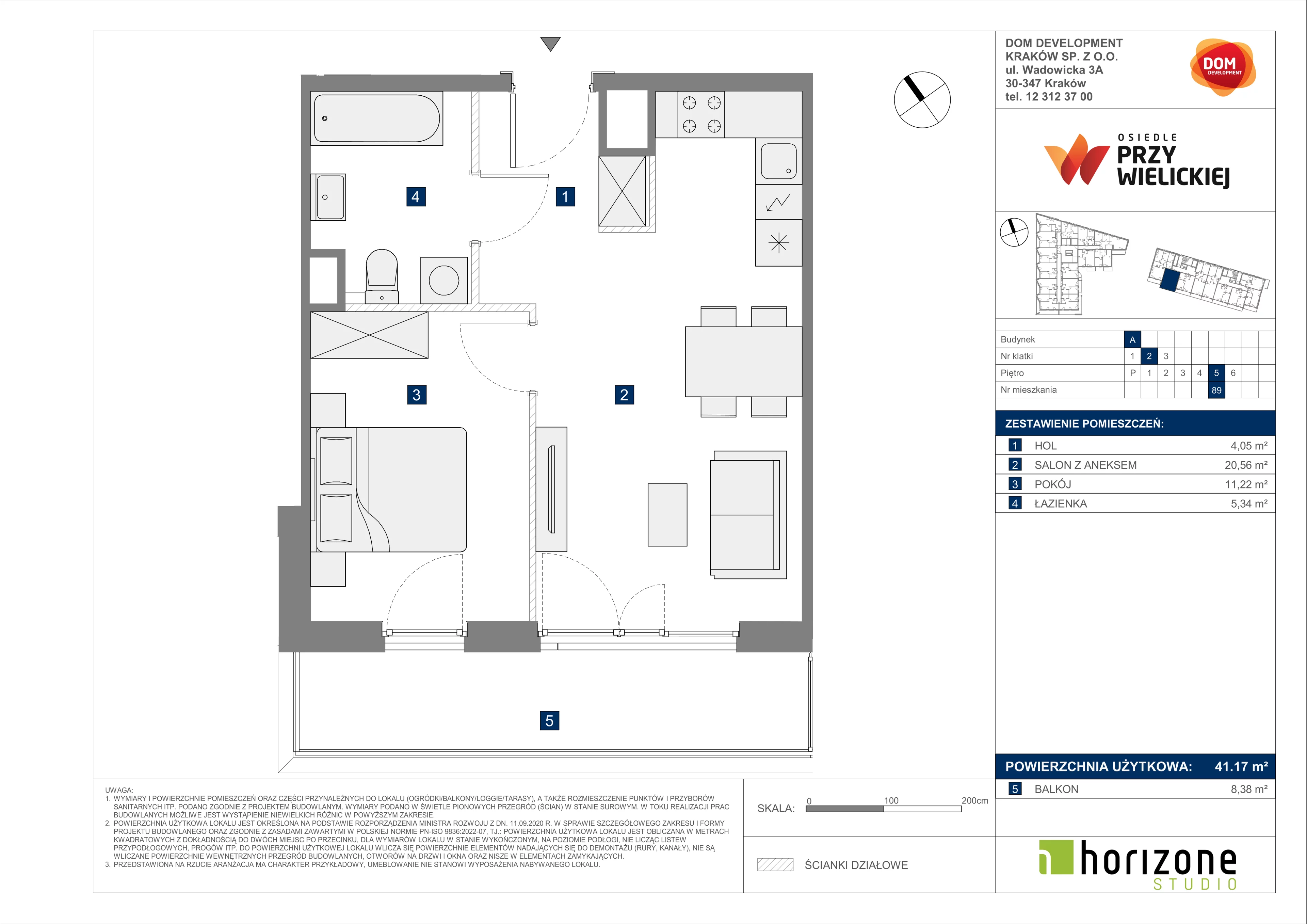 2 pokoje, mieszkanie 41,17 m², piętro 5, oferta nr A/89, Osiedle przy Wielickiej, Kraków, Bieżanów-Prokocim, ul. Marii Orwid 1