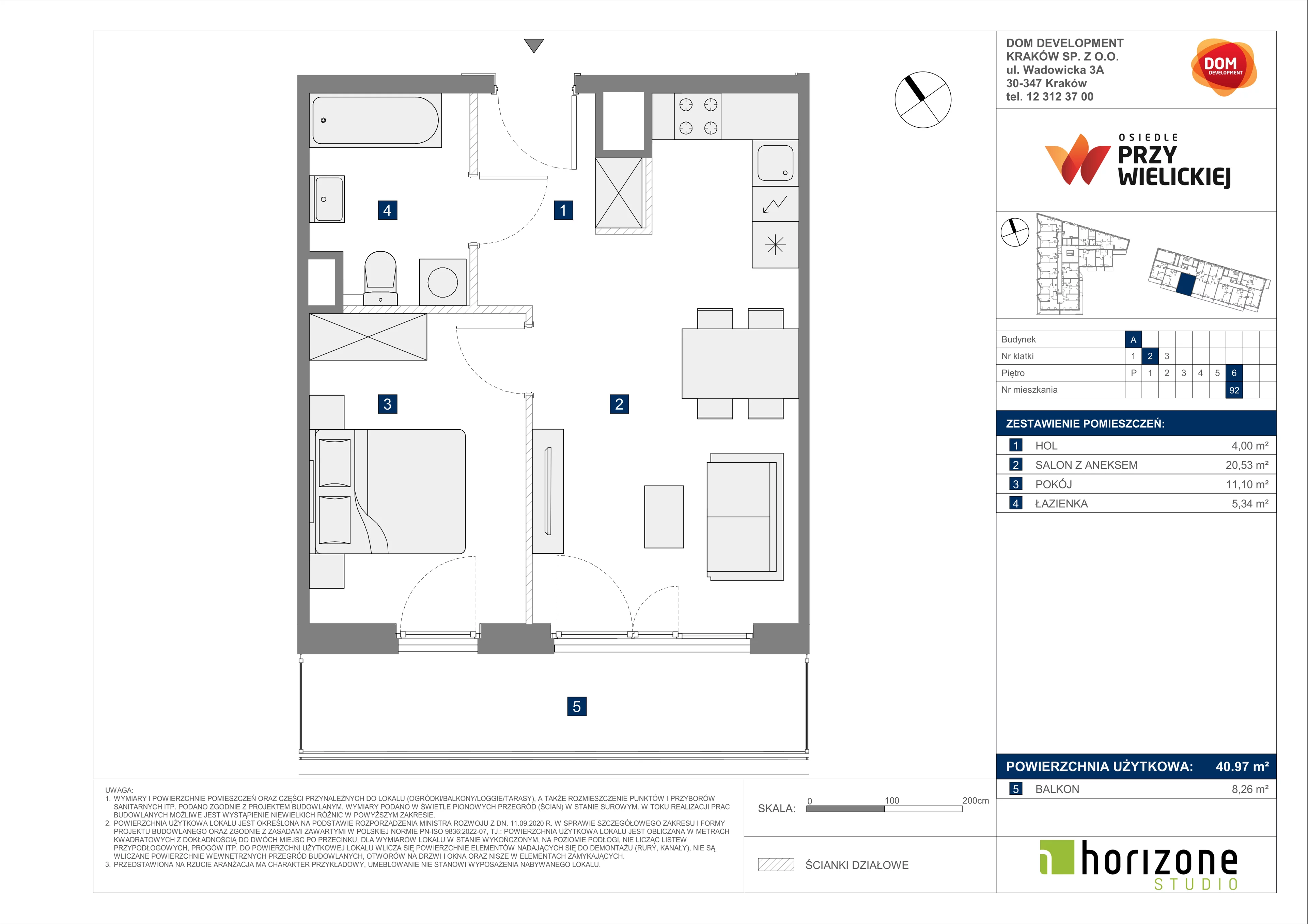 2 pokoje, mieszkanie 40,97 m², piętro 6, oferta nr A/92, Osiedle przy Wielickiej, Kraków, Bieżanów-Prokocim, ul. Marii Orwid 1