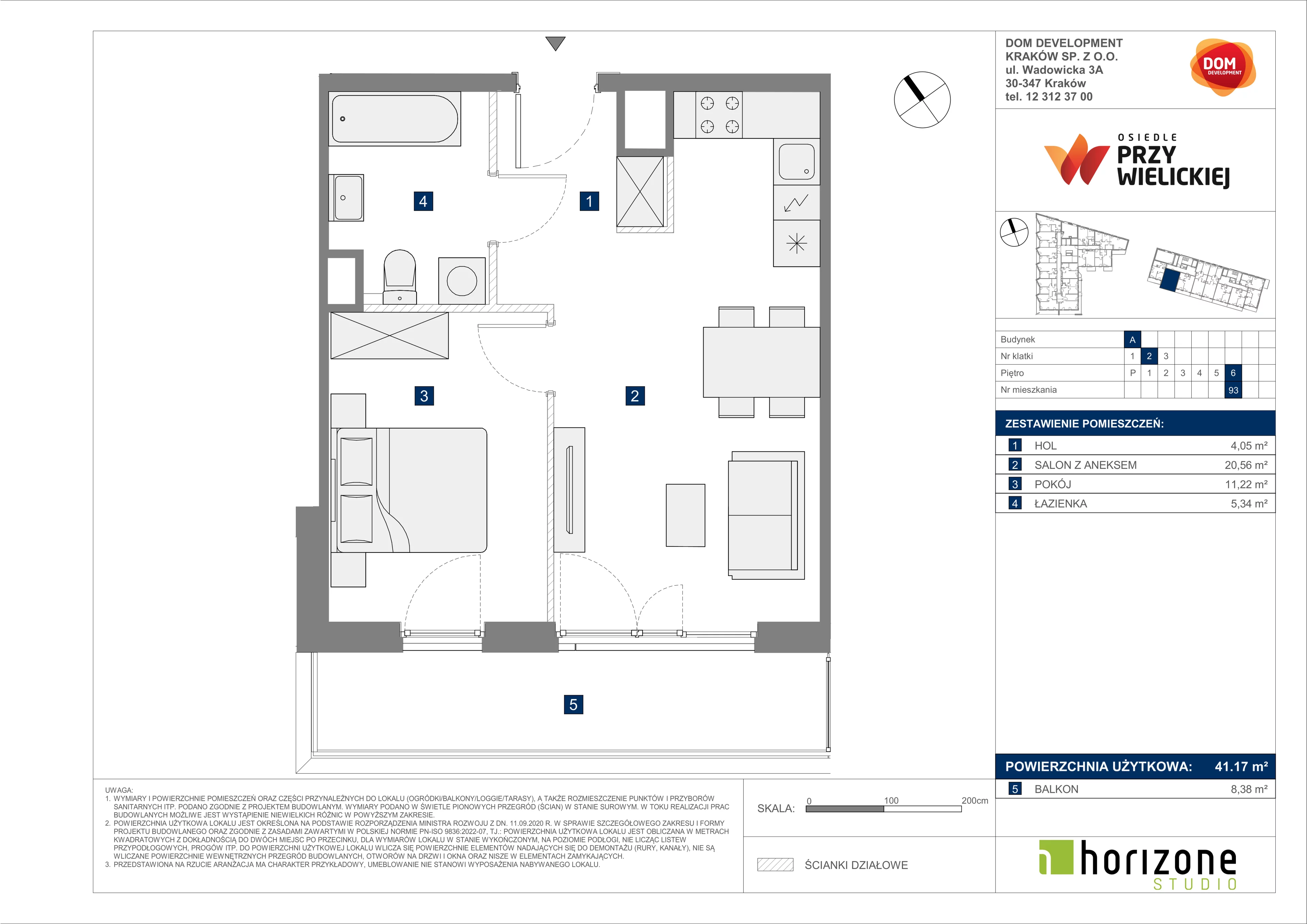 2 pokoje, mieszkanie 41,17 m², piętro 6, oferta nr A/93, Osiedle przy Wielickiej, Kraków, Bieżanów-Prokocim, ul. Marii Orwid 1