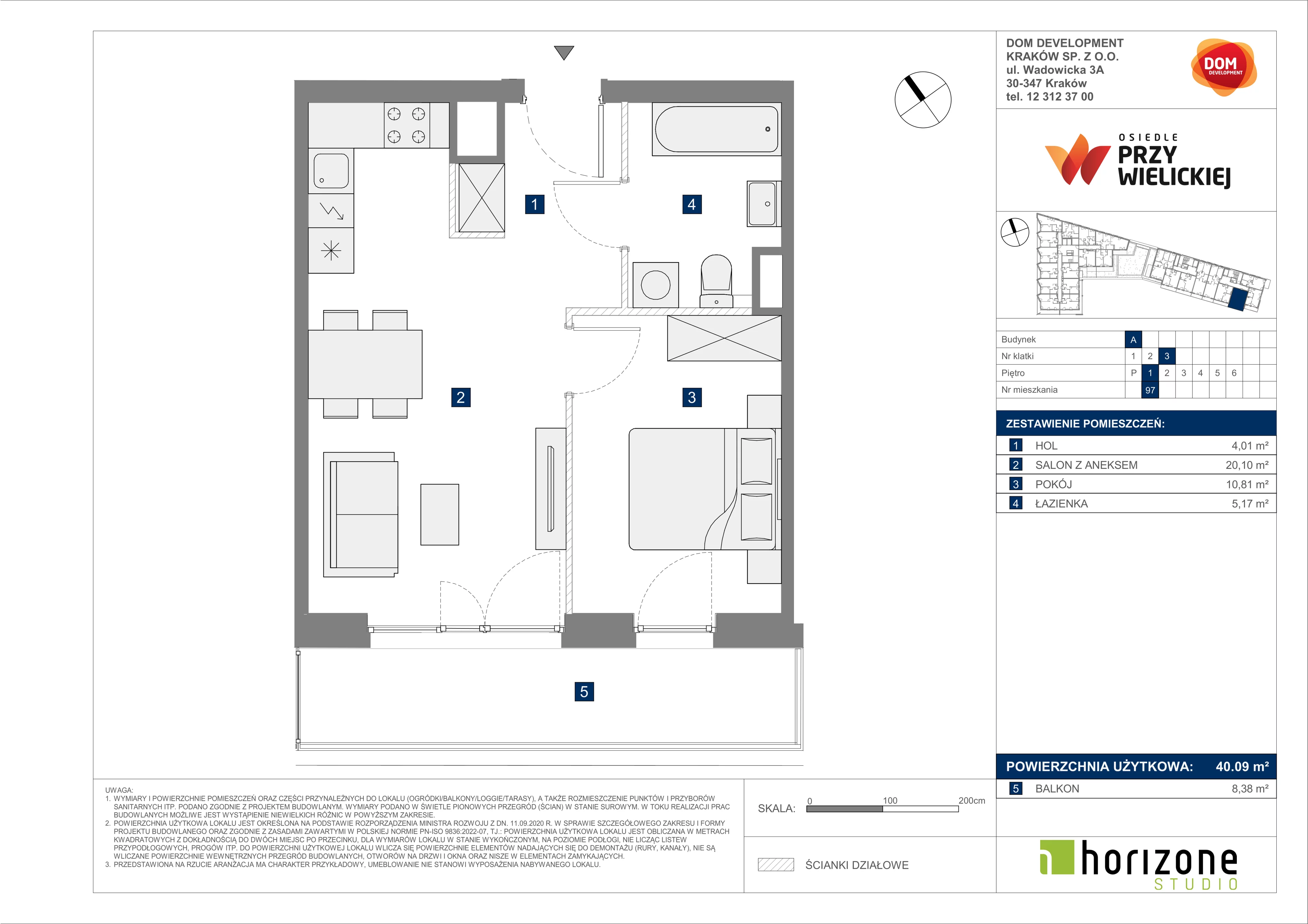 2 pokoje, mieszkanie 40,09 m², piętro 1, oferta nr A/97, Osiedle przy Wielickiej, Kraków, Bieżanów-Prokocim, ul. Marii Orwid 1