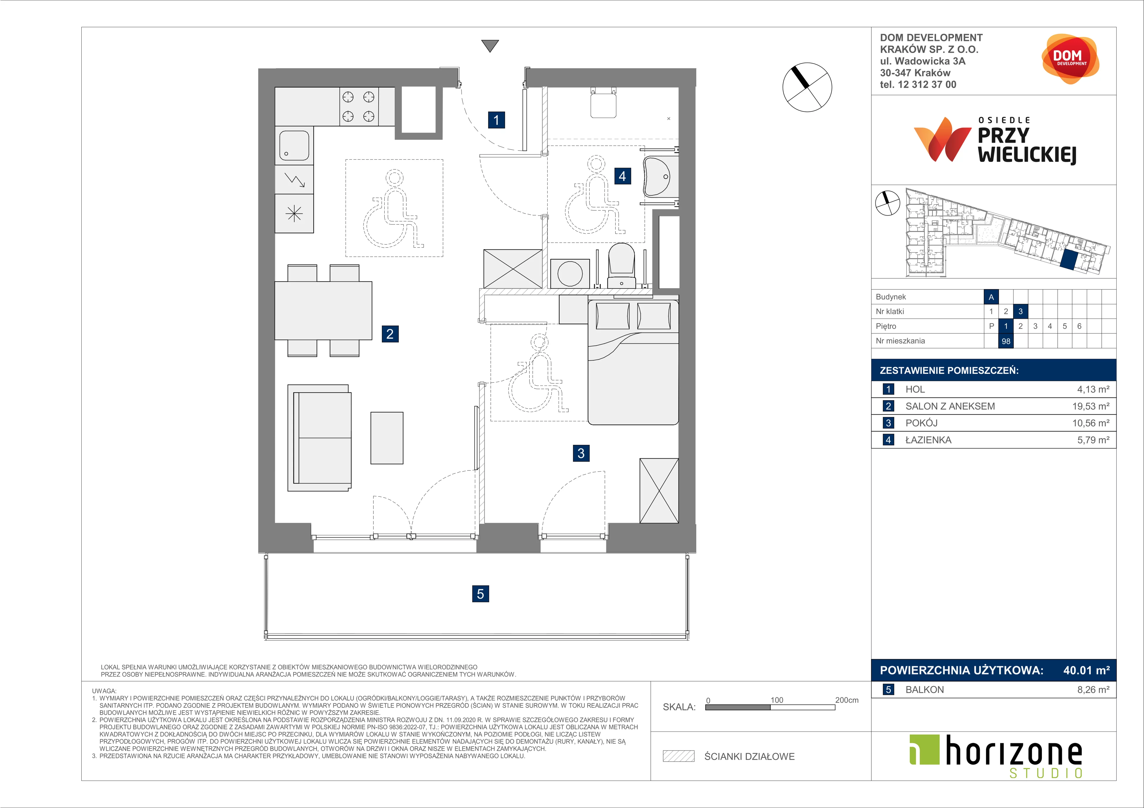 2 pokoje, mieszkanie 40,01 m², piętro 1, oferta nr A/98, Osiedle przy Wielickiej, Kraków, Bieżanów-Prokocim, ul. Marii Orwid 1