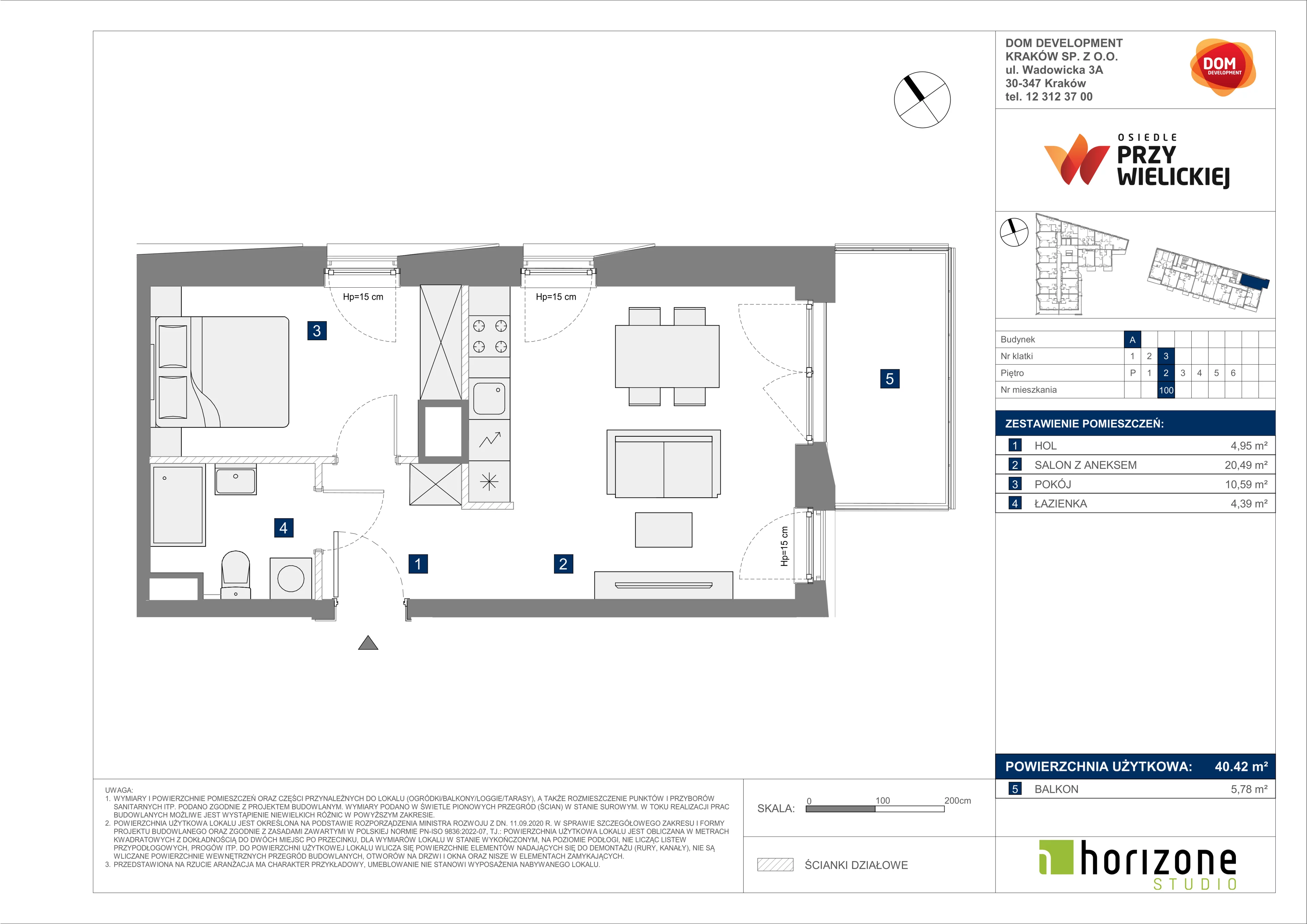 2 pokoje, mieszkanie 40,42 m², piętro 2, oferta nr A/100, Osiedle przy Wielickiej, Kraków, Bieżanów-Prokocim, ul. Marii Orwid 1