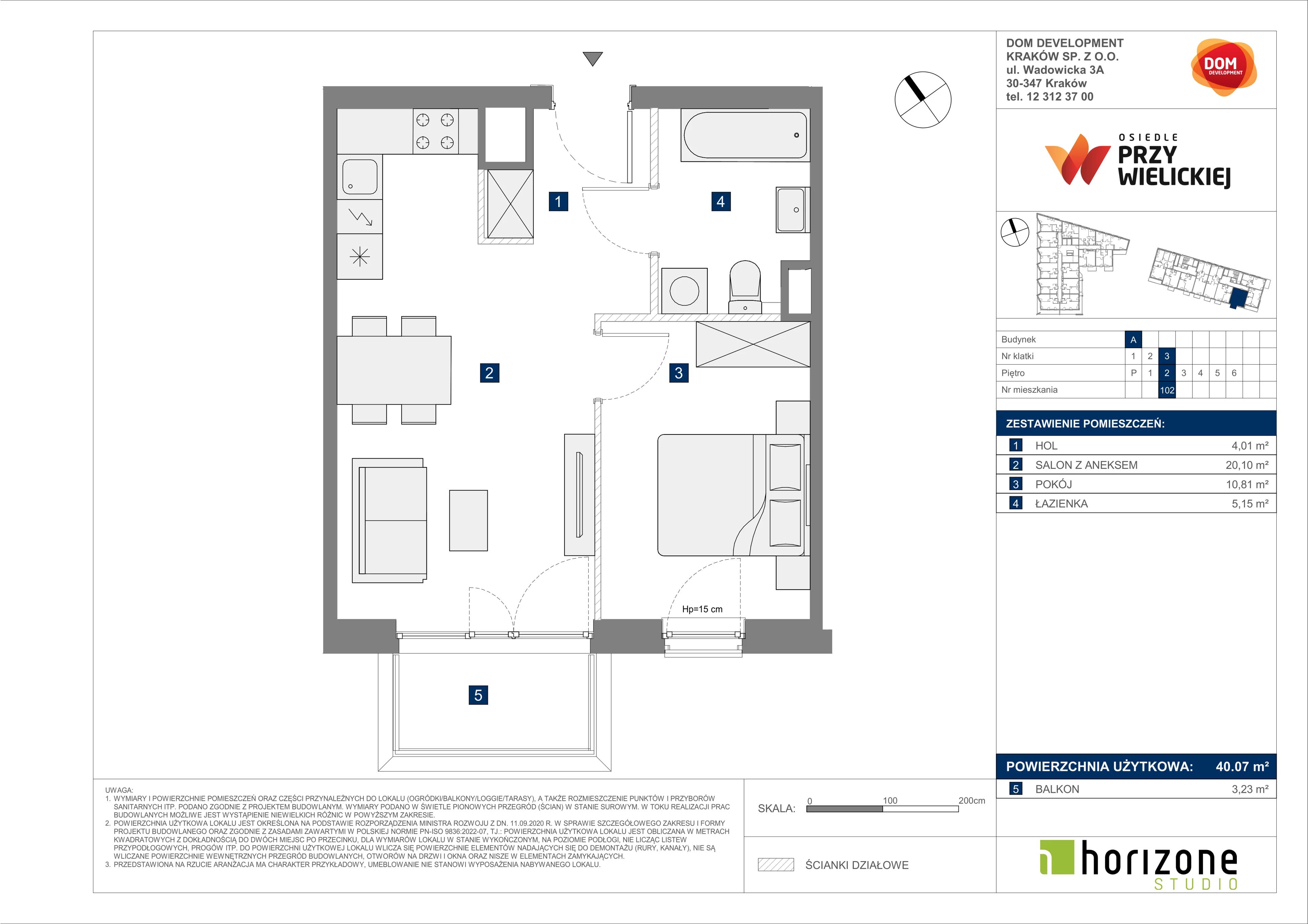 2 pokoje, mieszkanie 40,07 m², piętro 2, oferta nr A/102, Osiedle przy Wielickiej, Kraków, Bieżanów-Prokocim, ul. Marii Orwid 1