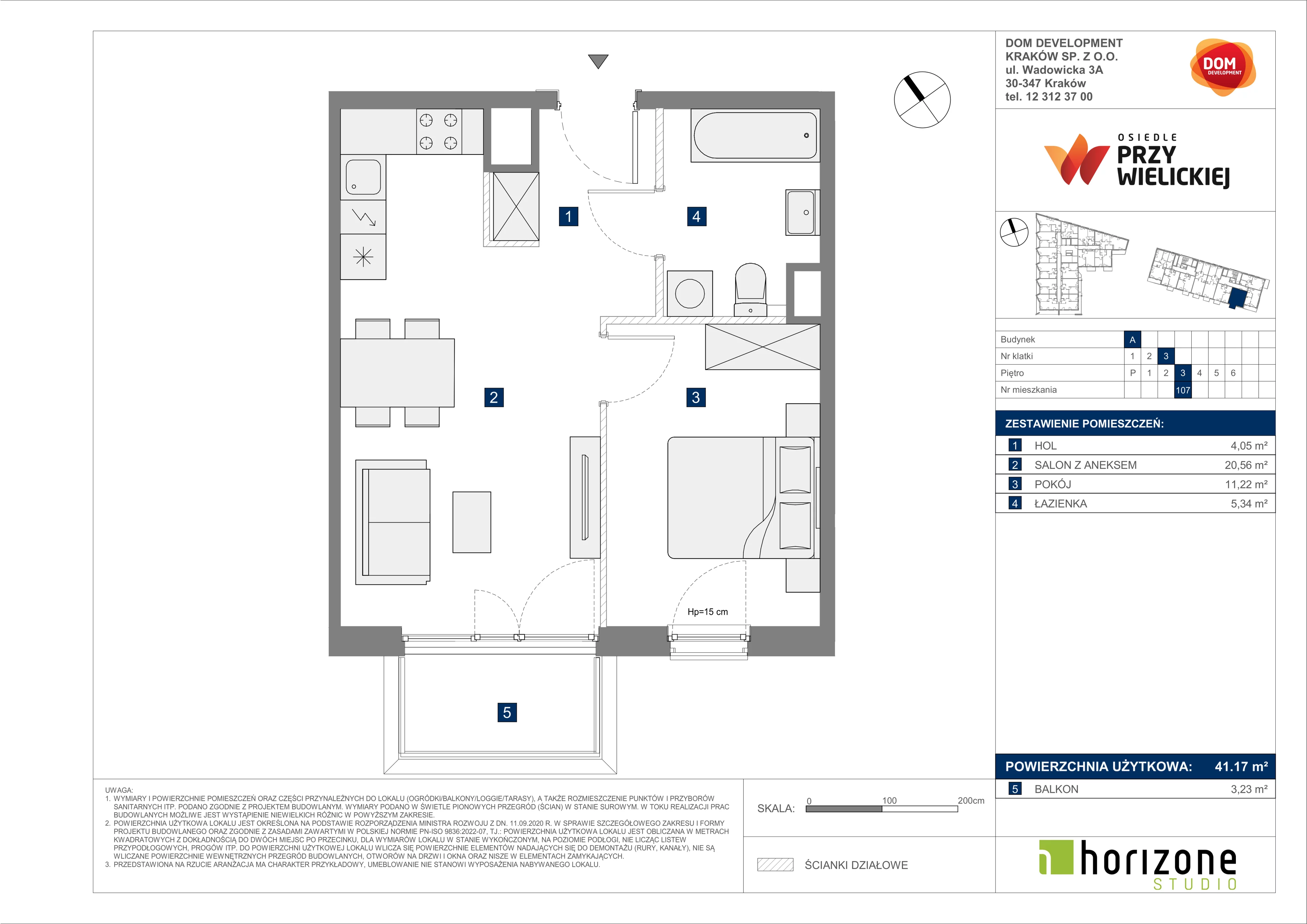 2 pokoje, mieszkanie 41,17 m², piętro 3, oferta nr A/107, Osiedle przy Wielickiej, Kraków, Bieżanów-Prokocim, ul. Marii Orwid 1