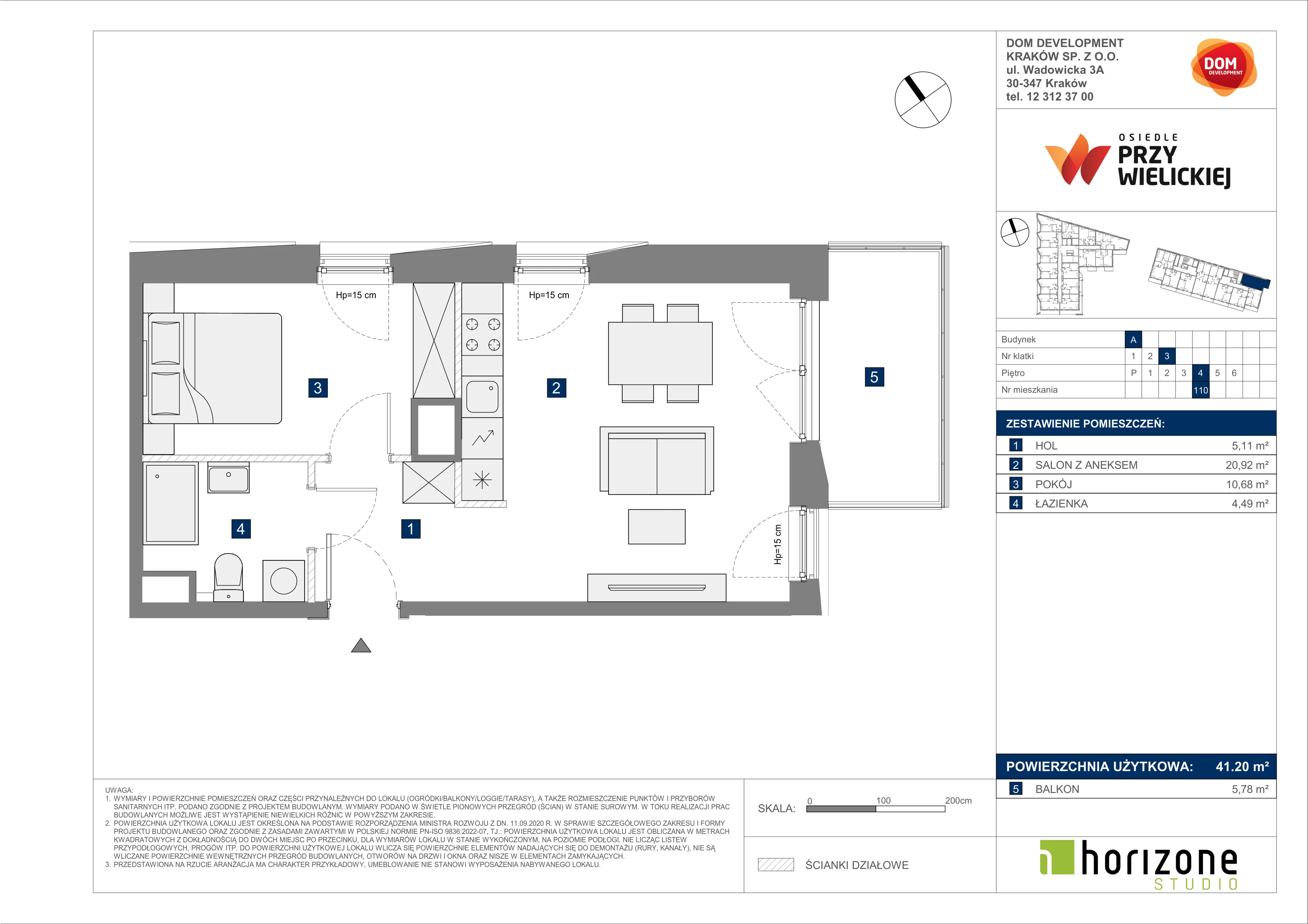 2 pokoje, mieszkanie 41,20 m², piętro 4, oferta nr A/110, Osiedle przy Wielickiej, Kraków, Bieżanów-Prokocim, ul. Marii Orwid 1