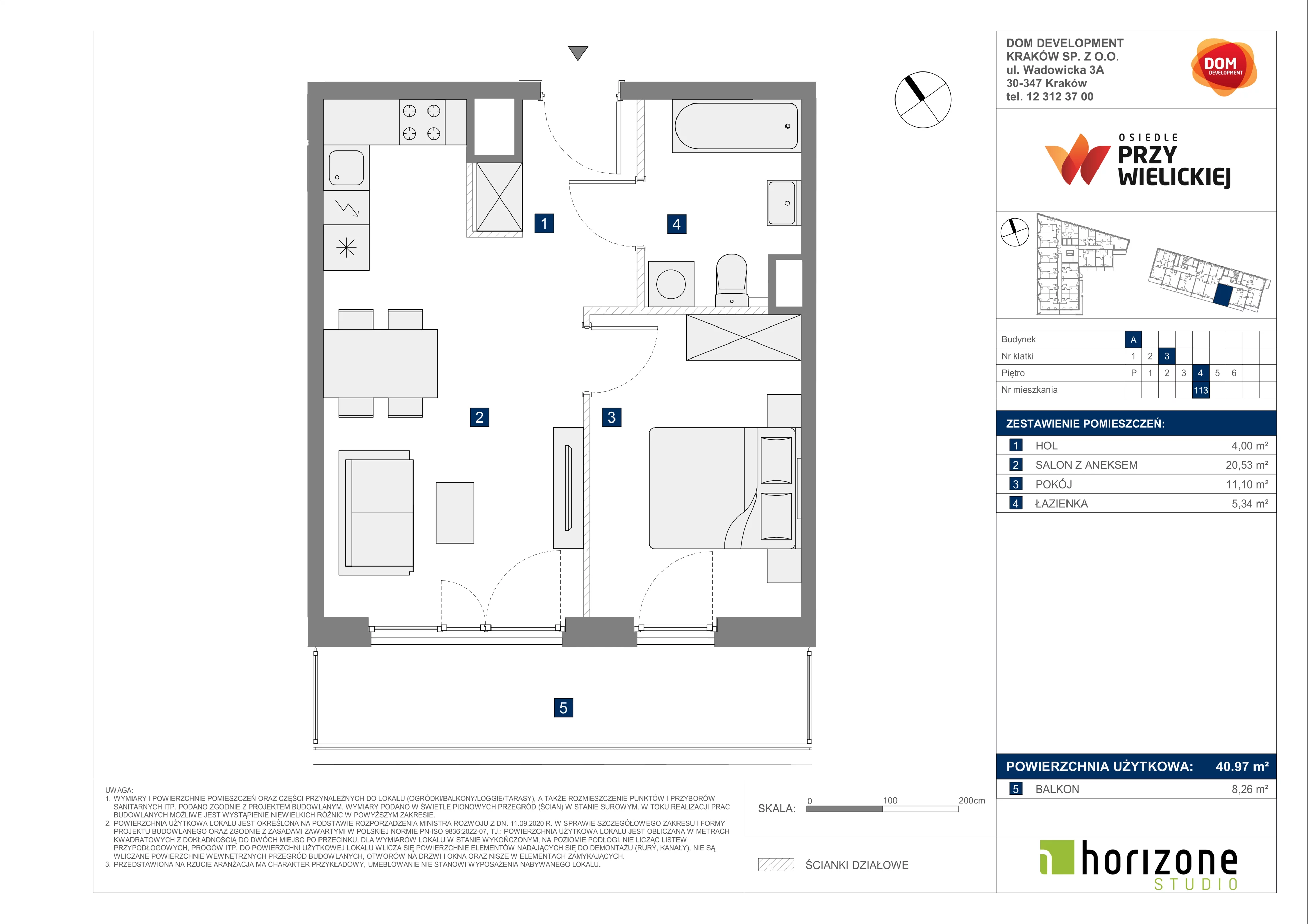 2 pokoje, mieszkanie 40,97 m², piętro 4, oferta nr A/113, Osiedle przy Wielickiej, Kraków, Bieżanów-Prokocim, ul. Marii Orwid 1