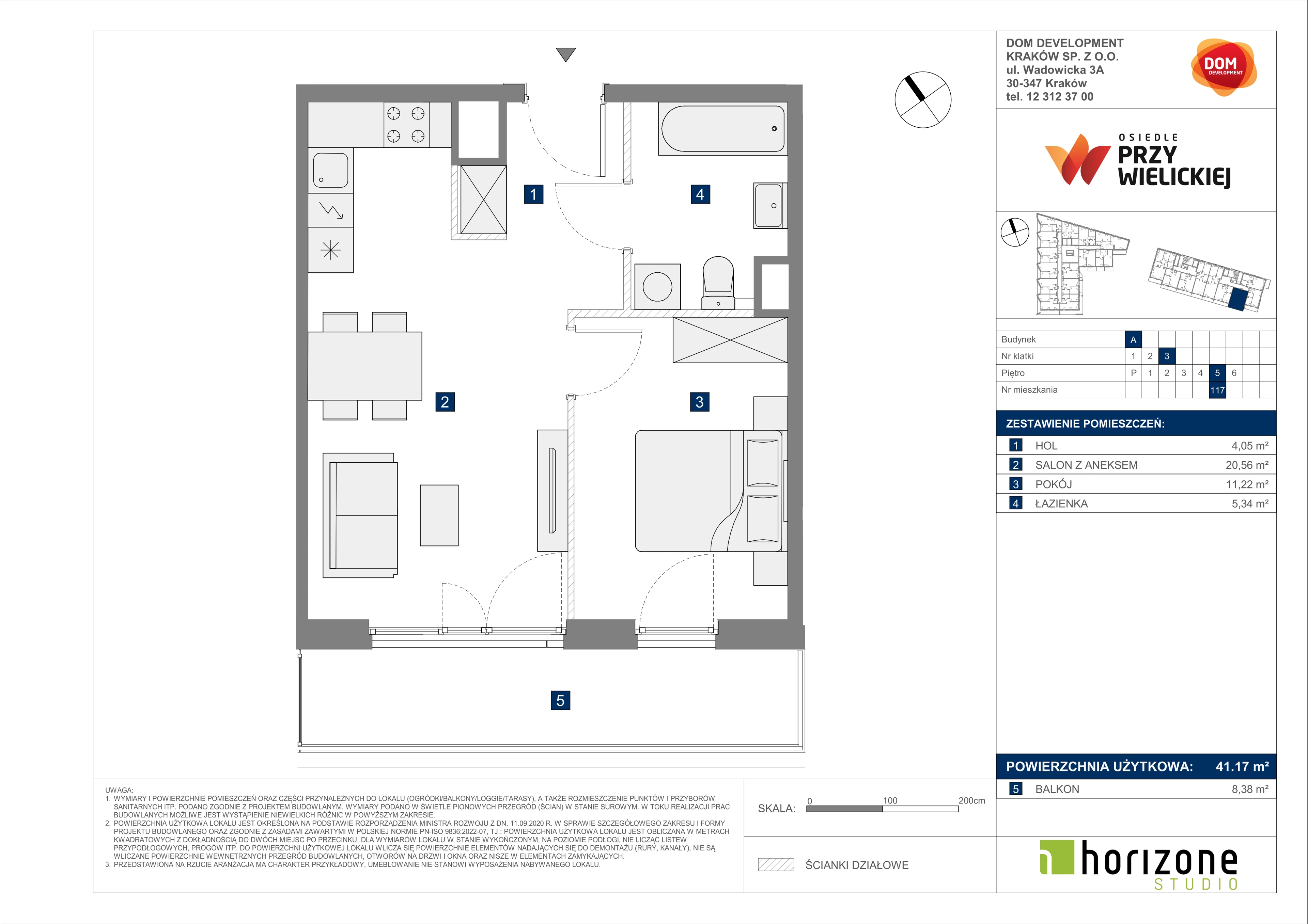 2 pokoje, mieszkanie 41,17 m², piętro 5, oferta nr A/117, Osiedle przy Wielickiej, Kraków, Bieżanów-Prokocim, ul. Marii Orwid 1