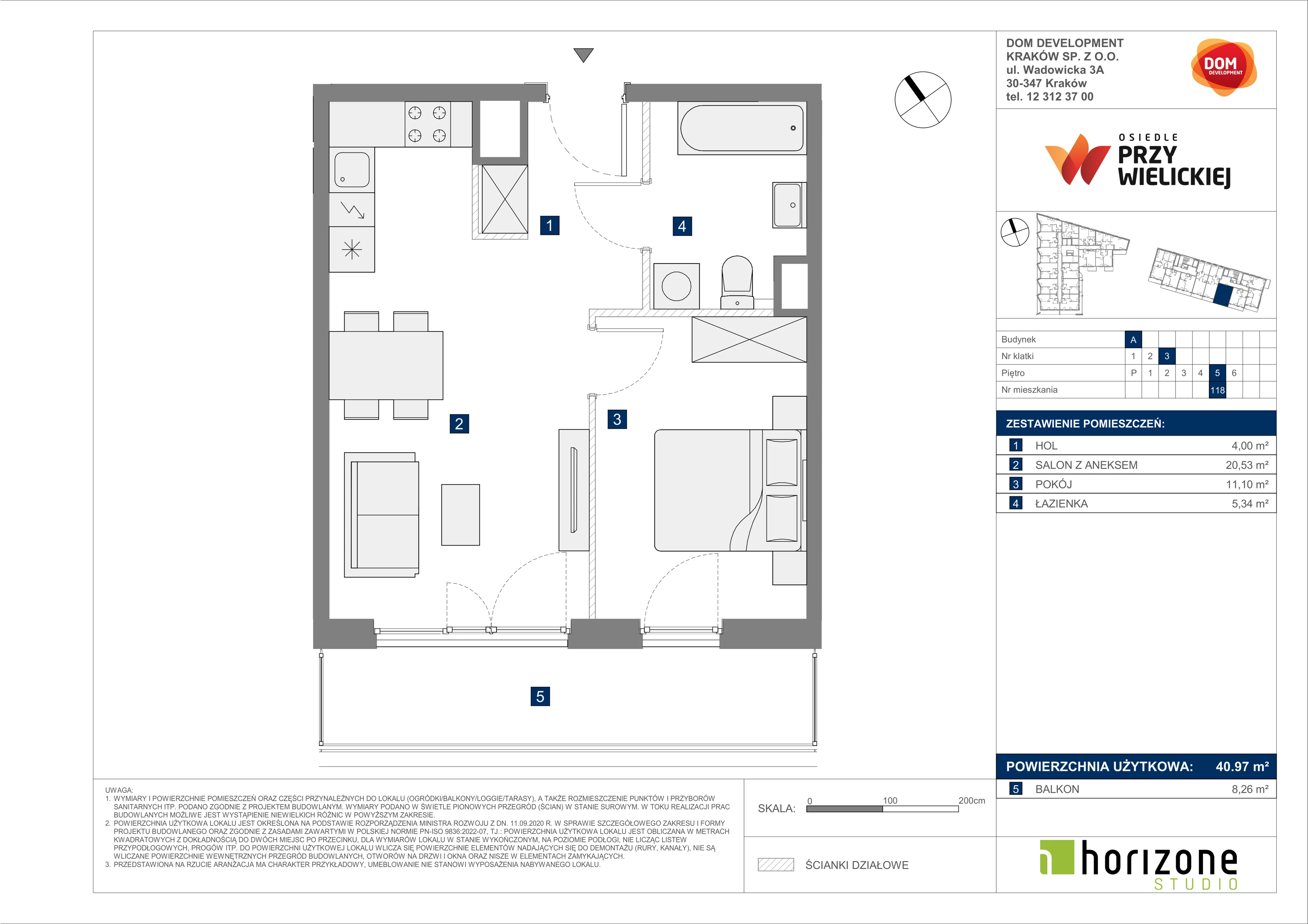 2 pokoje, mieszkanie 40,97 m², piętro 5, oferta nr A/118, Osiedle przy Wielickiej, Kraków, Bieżanów-Prokocim, ul. Marii Orwid 1