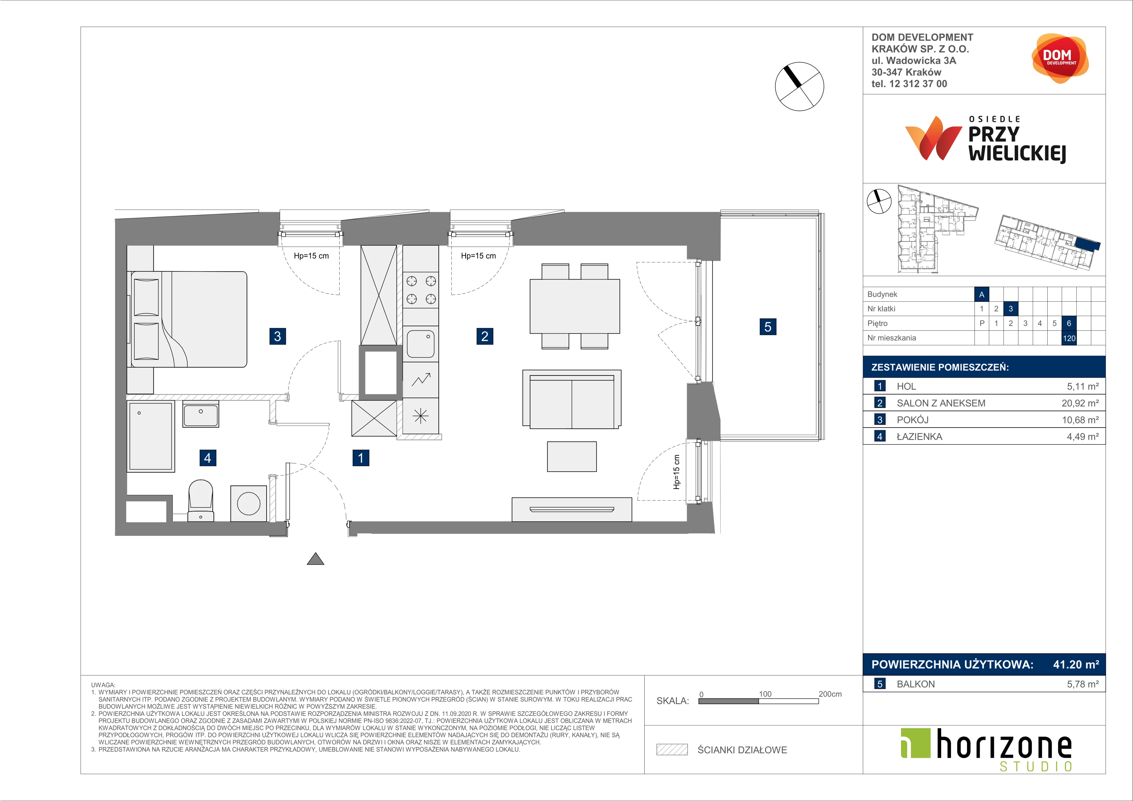 2 pokoje, mieszkanie 41,20 m², piętro 6, oferta nr A/120, Osiedle przy Wielickiej, Kraków, Bieżanów-Prokocim, ul. Marii Orwid 1
