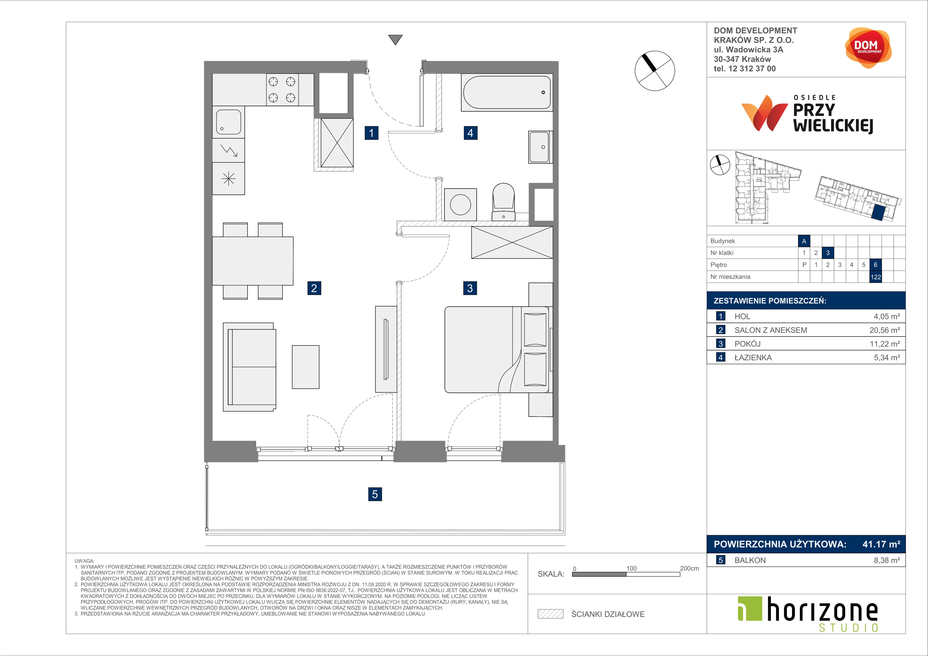 2 pokoje, mieszkanie 41,17 m², piętro 6, oferta nr A/122, Osiedle przy Wielickiej, Kraków, Bieżanów-Prokocim, ul. Marii Orwid 1