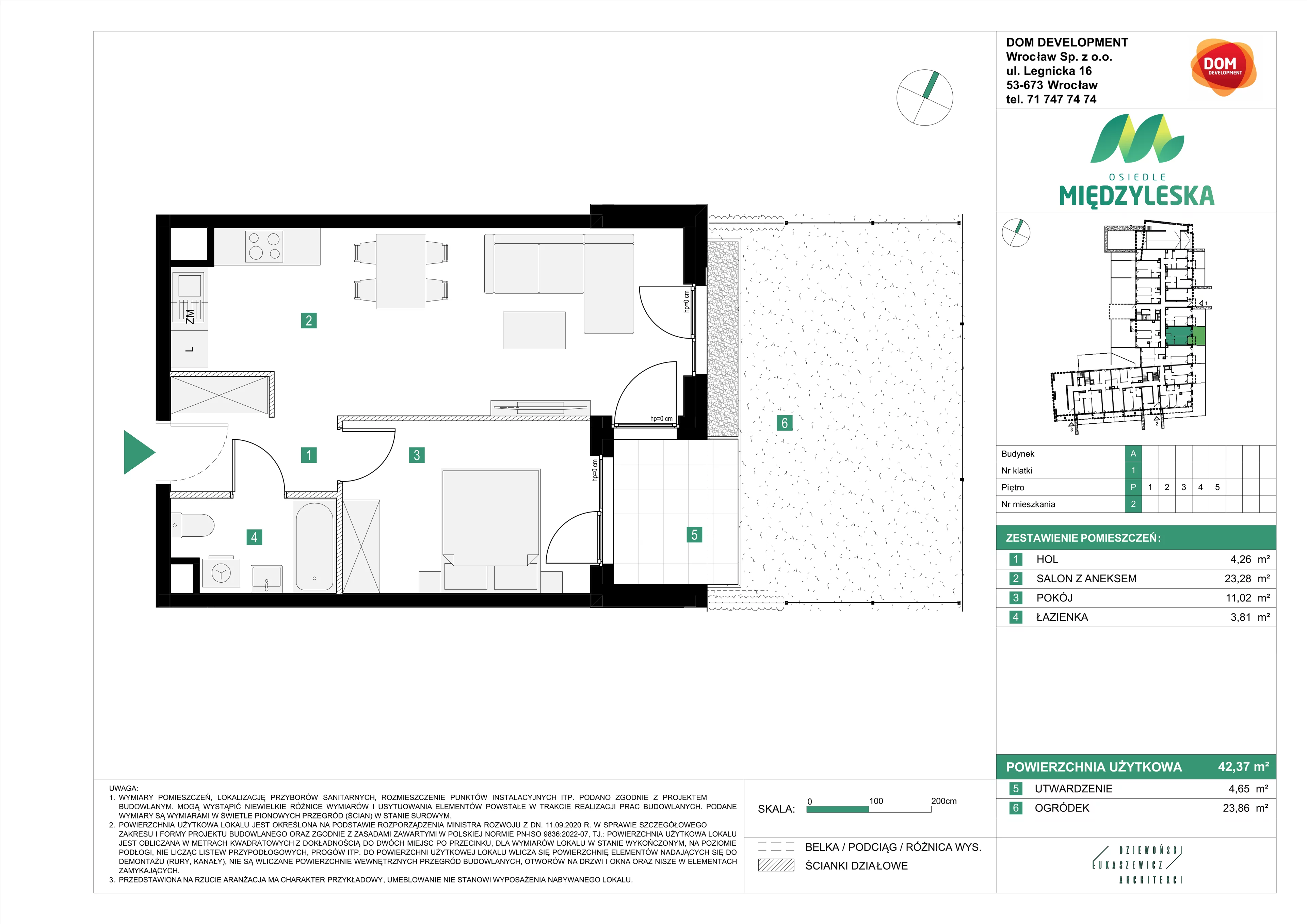 2 pokoje, mieszkanie 42,37 m², parter, oferta nr A/2, Osiedle Międzyleska, Wrocław, Tarnogaj, Krzyki, ul. Międzyleska 6b