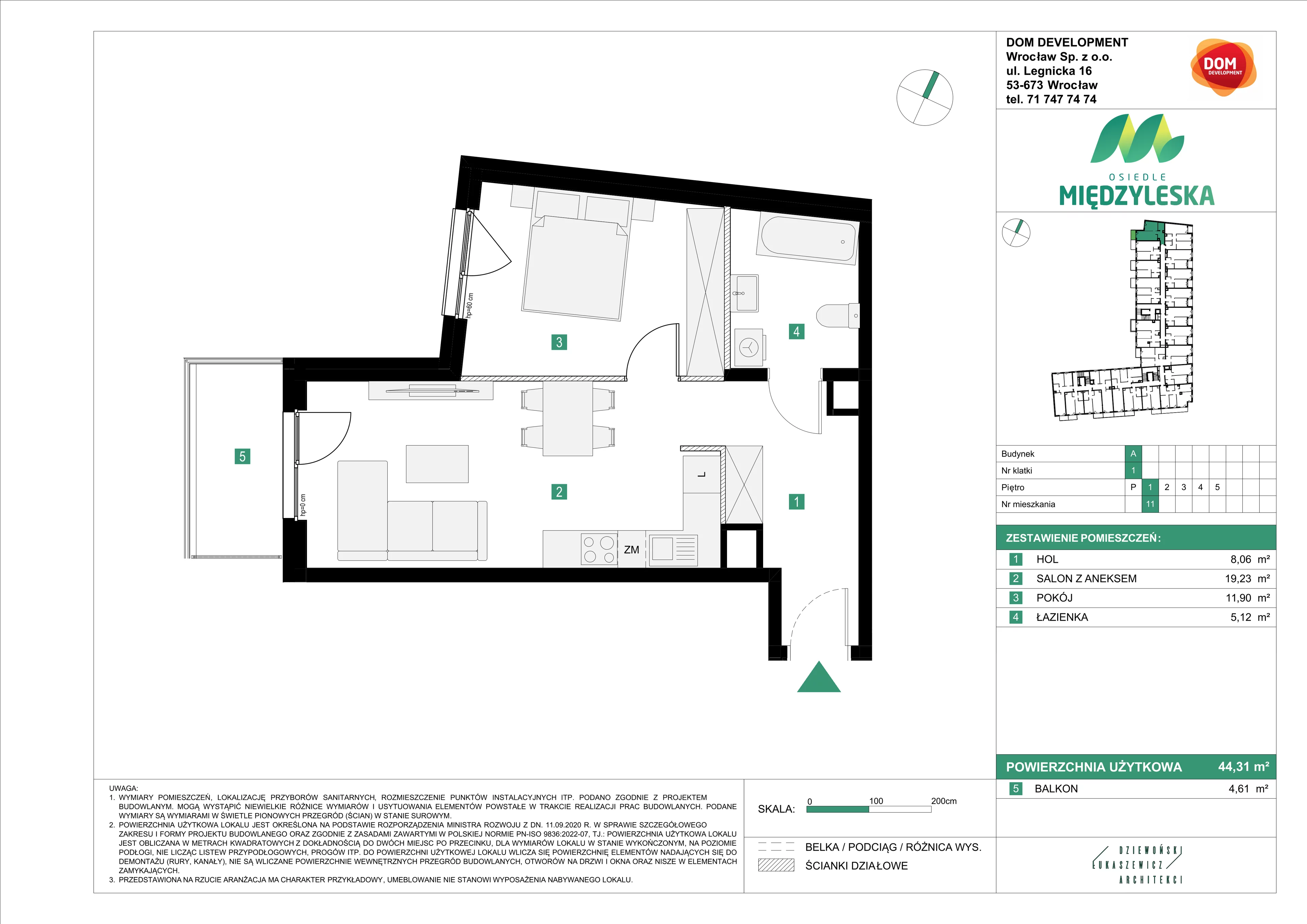 2 pokoje, mieszkanie 44,31 m², piętro 1, oferta nr A/11, Osiedle Międzyleska, Wrocław, Tarnogaj, Krzyki, ul. Międzyleska 6b