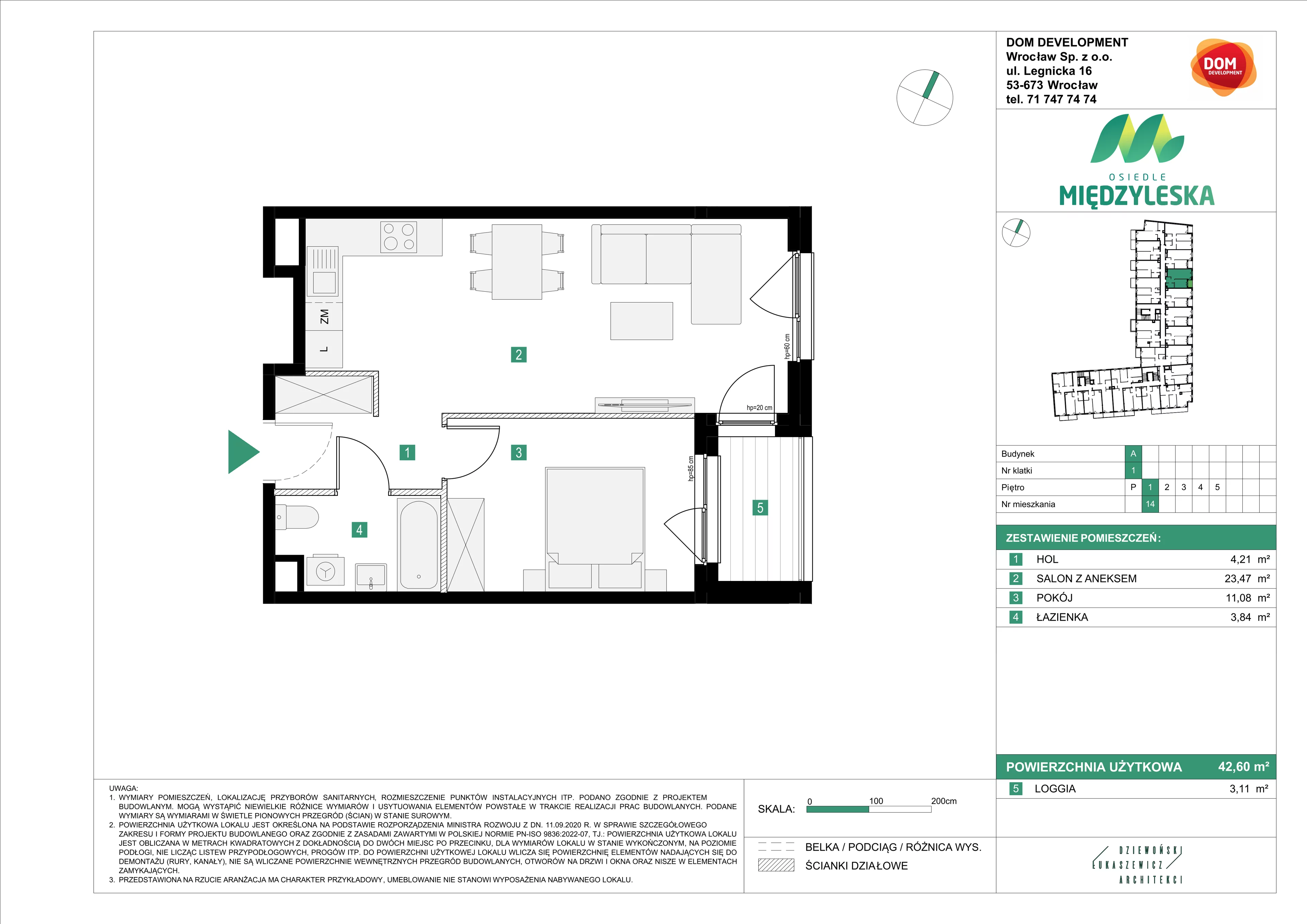 2 pokoje, mieszkanie 42,60 m², piętro 1, oferta nr A/14, Osiedle Międzyleska, Wrocław, Tarnogaj, Krzyki, ul. Międzyleska 6b