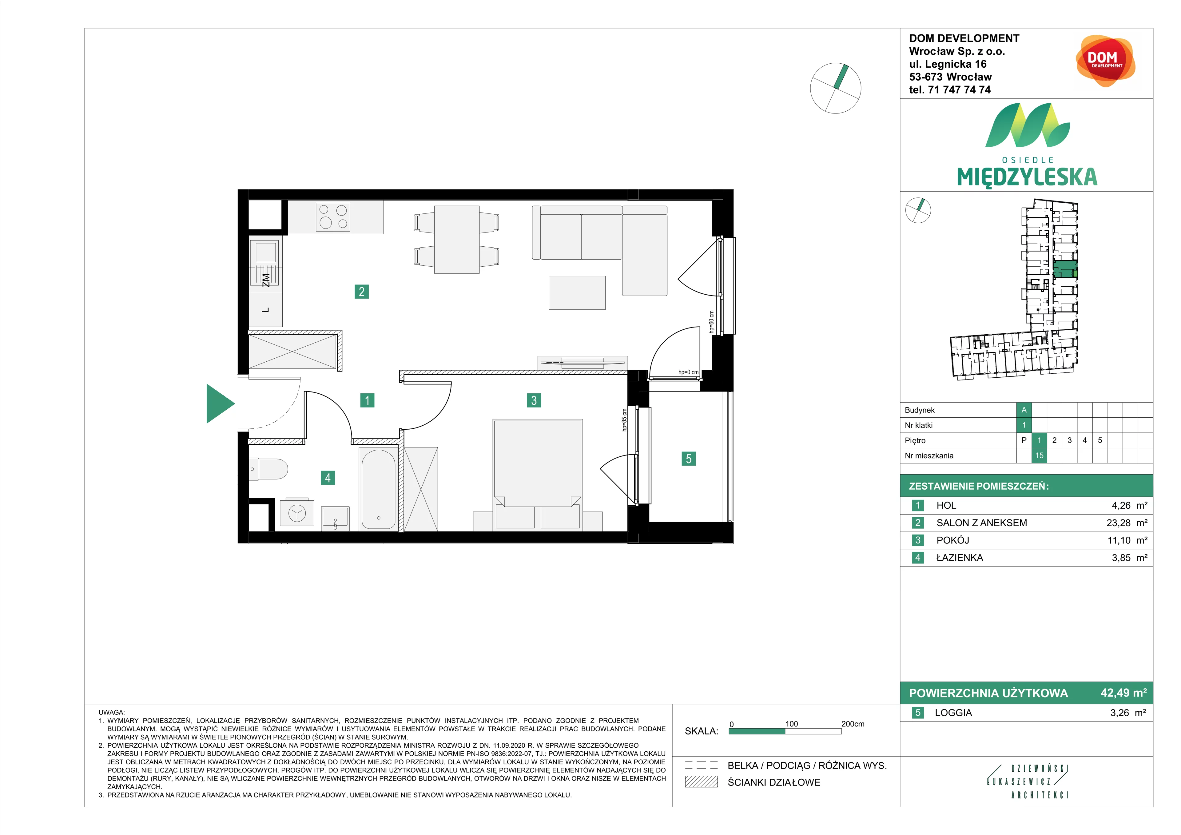 2 pokoje, mieszkanie 42,49 m², piętro 1, oferta nr A/15, Osiedle Międzyleska, Wrocław, Tarnogaj, Krzyki, ul. Międzyleska 6b